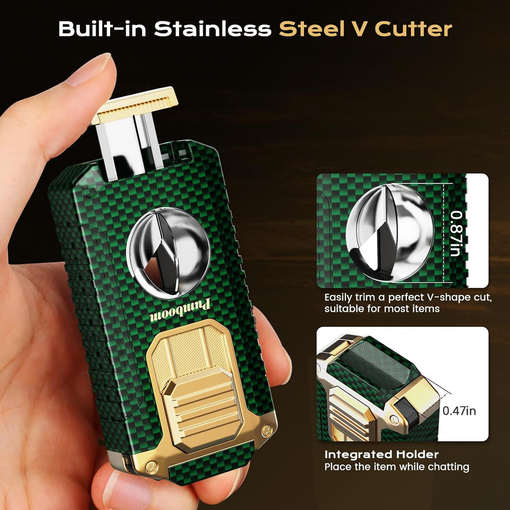 All-in-one Torch Lighter with V-Shape Shear, Punch, Needle, Holder and Triple Jet Flames, Butane Windproof Lighter for Candles, Outdoor, Versatile Accessories with Gift Box for Men (Without Butane)
