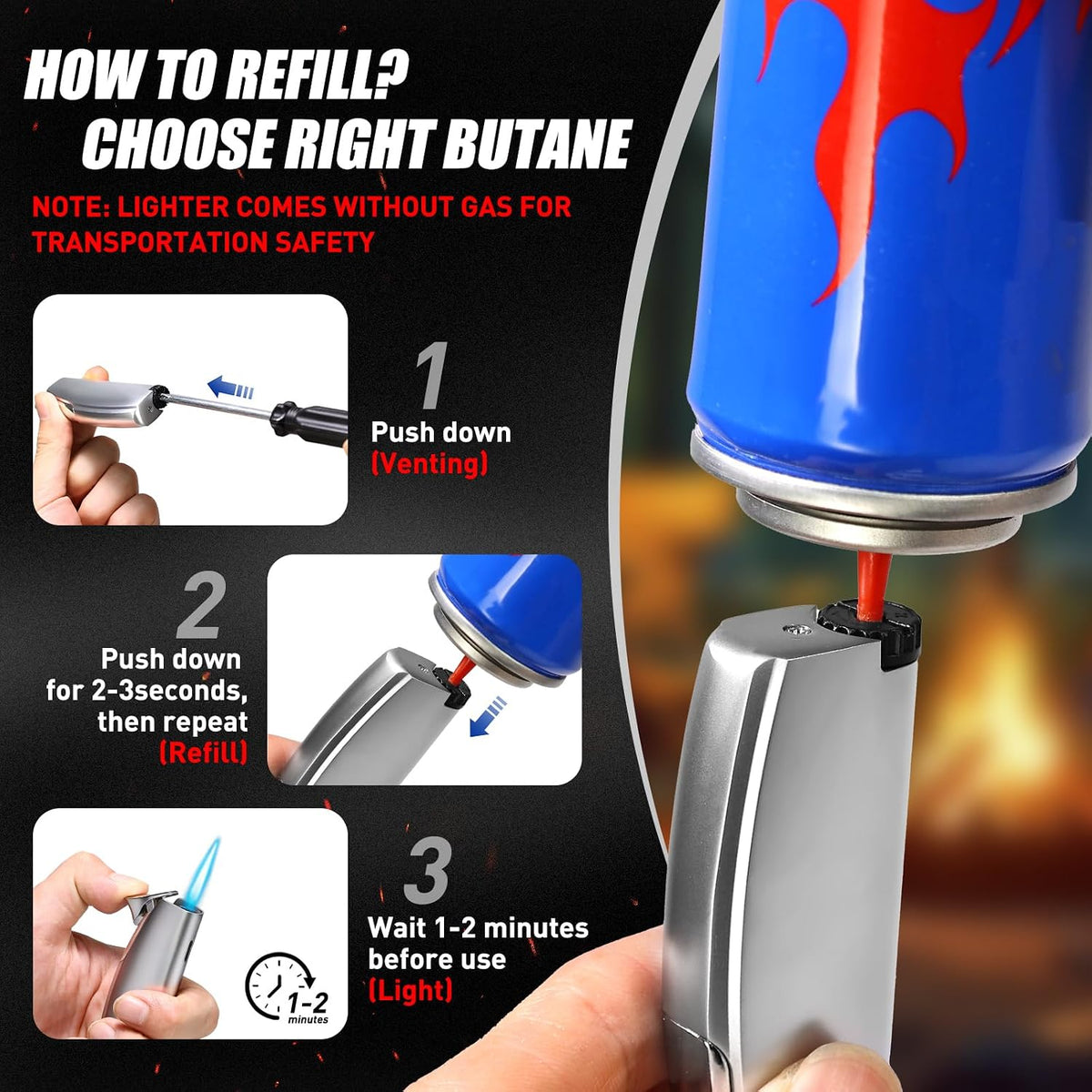 Butane Torch Lighter, Windproof Jet Flame Refillable Adjustable for Candles, BBQ, Camping, Fireworks, Fireplace & Gas Stove, Daily Use, Great Gift, 2 Pack (Satin Silver, Butane Not Included)