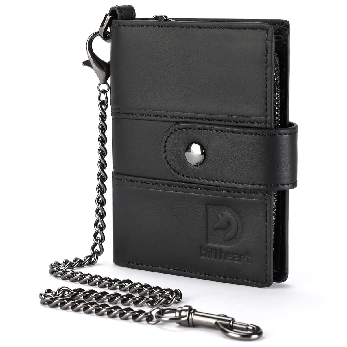 Mens Wallet with Chain Genuine Leather Purse RFID Blocking Bifold Double Zipper Coin Pocket with Anti-Theft Chain