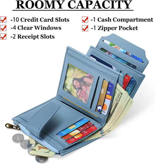Airkit Small Wallet Women RFID Blocking Soft Leather Bifold Compact Card Holder Wallet for Women with Zipper Coin Pocket 4 ID Window