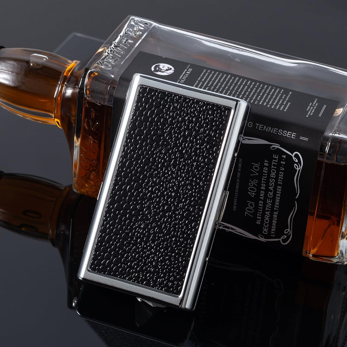 Metal Case, Silver Plated Metal,14 Capacity，Black Leather on Front and Back(100mm King Size,Black)