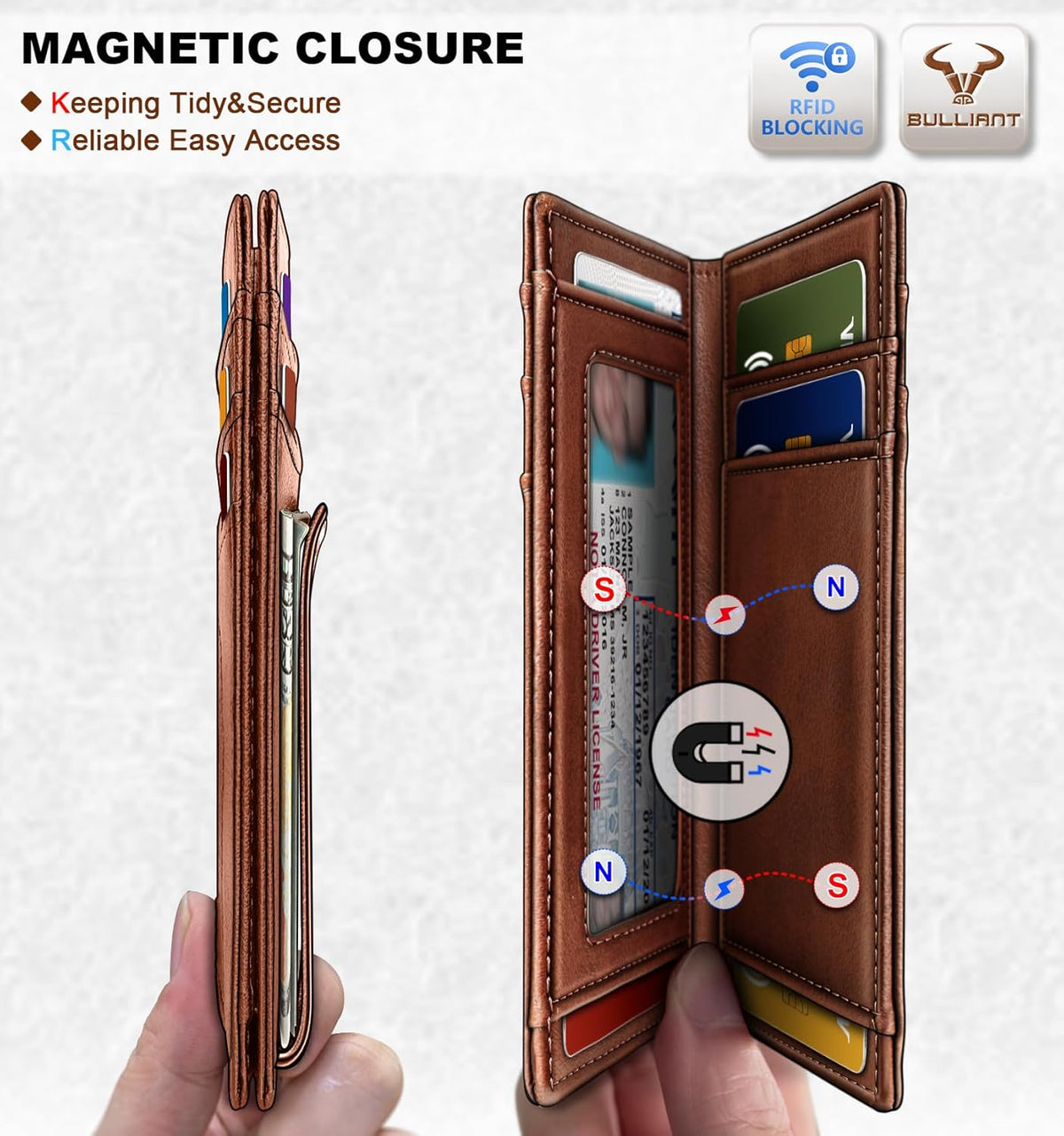 BULLIANT Magnetic Slim Leather Pocket Wallet Money Clip For Men 12Cards