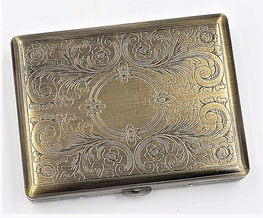Cigarette Case Victorian Retro Style Metal Holder for Regular, King and 100's Size RFID Etched Antique Brass