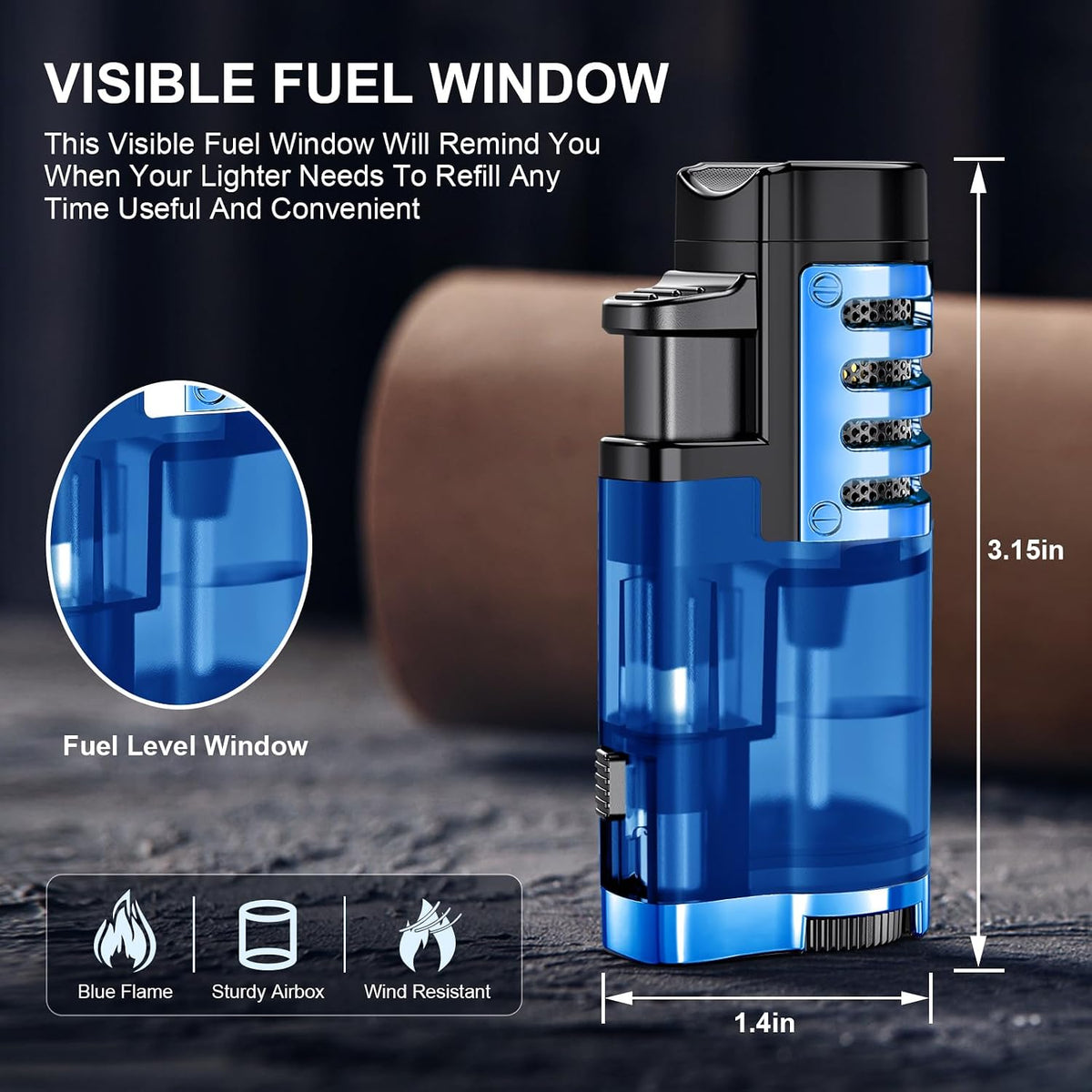 Torch Lighter Butane Refillable Triple Jet Flame Torch Lighters, Windproof Adjustable Flame Butane Torch Lighter with Punch 2 Pack (Without Fuel) (Blue)