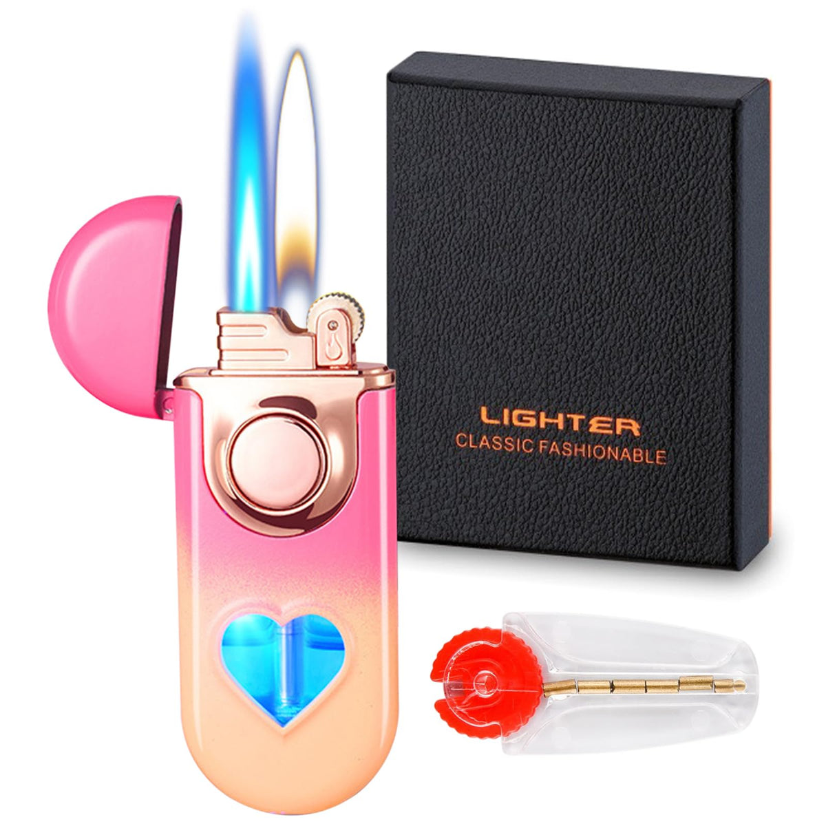Torch Lighter, Dual Flame Lighter with 6pcs Flint Stone, Windproof Lighter With Visible Gas Window, Cool Adjustable Soft Flame and Jet Flame 2 in1,Refillable Butane Lighter for Outdoor Indoor-Gradient