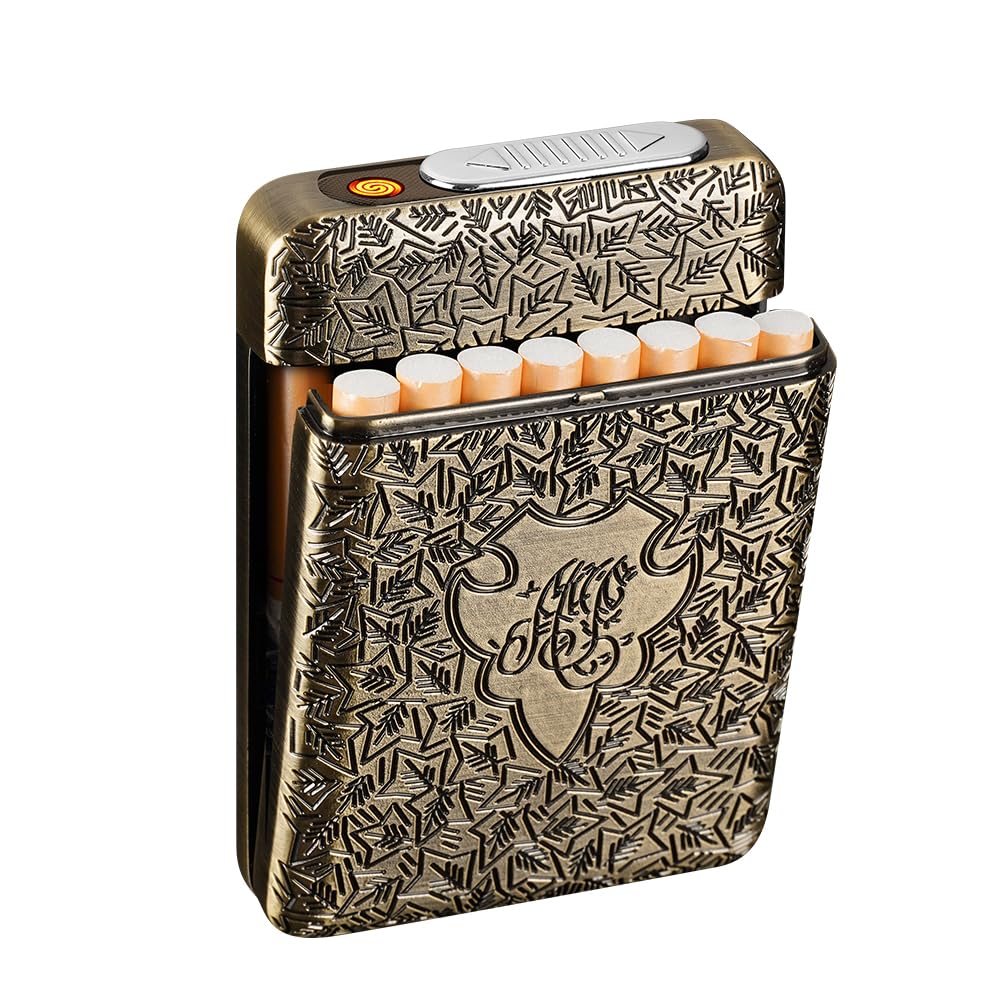 Cigarette Case with USB Lighter 16 pcs 84mm Regular/King Size Cigarettes Electric Rechargeable Flameless Windproof Lighters (Black)