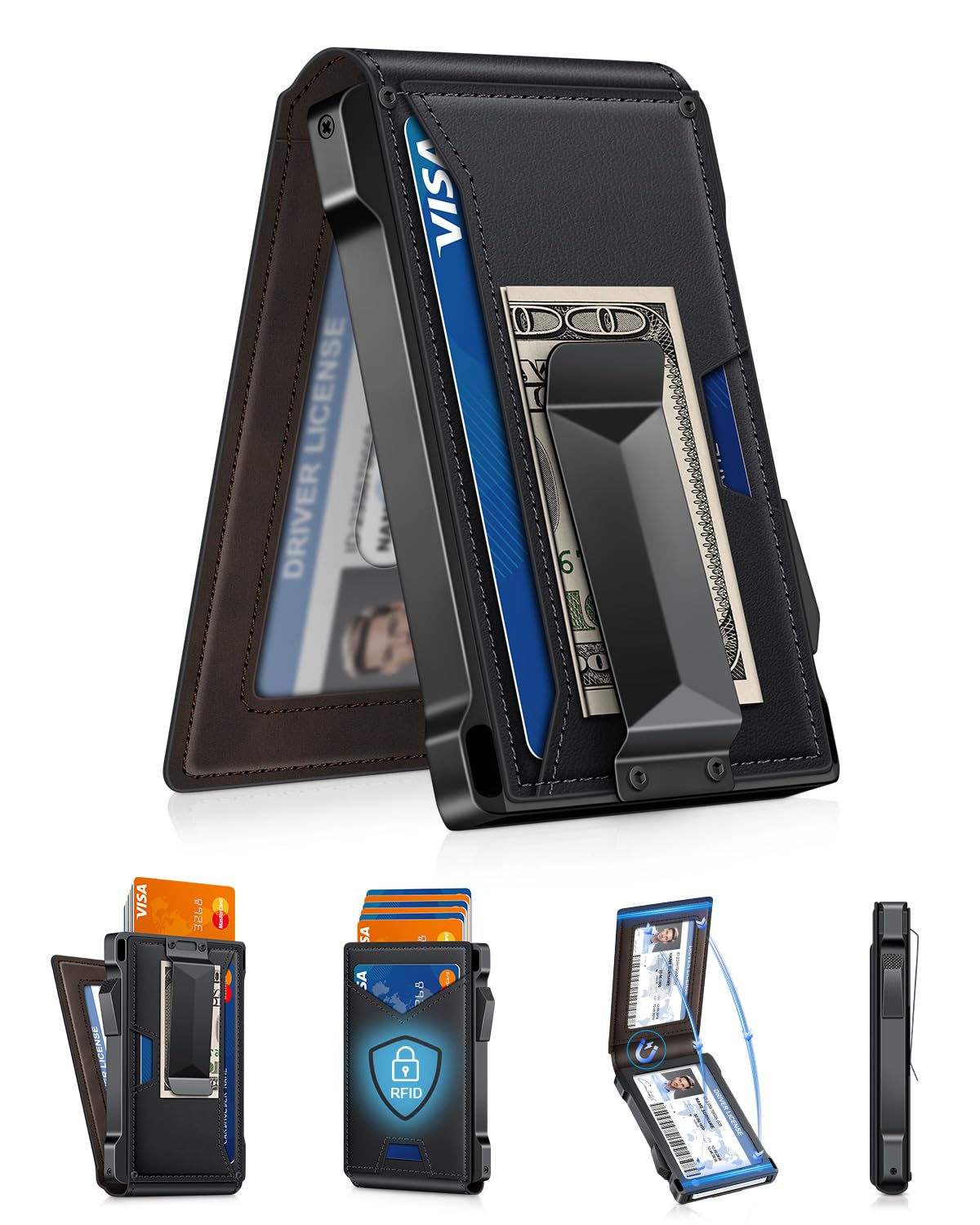 Wallet for Men RFID Wallet with 2 ID Windows & Money Clip, Slim Card Holder