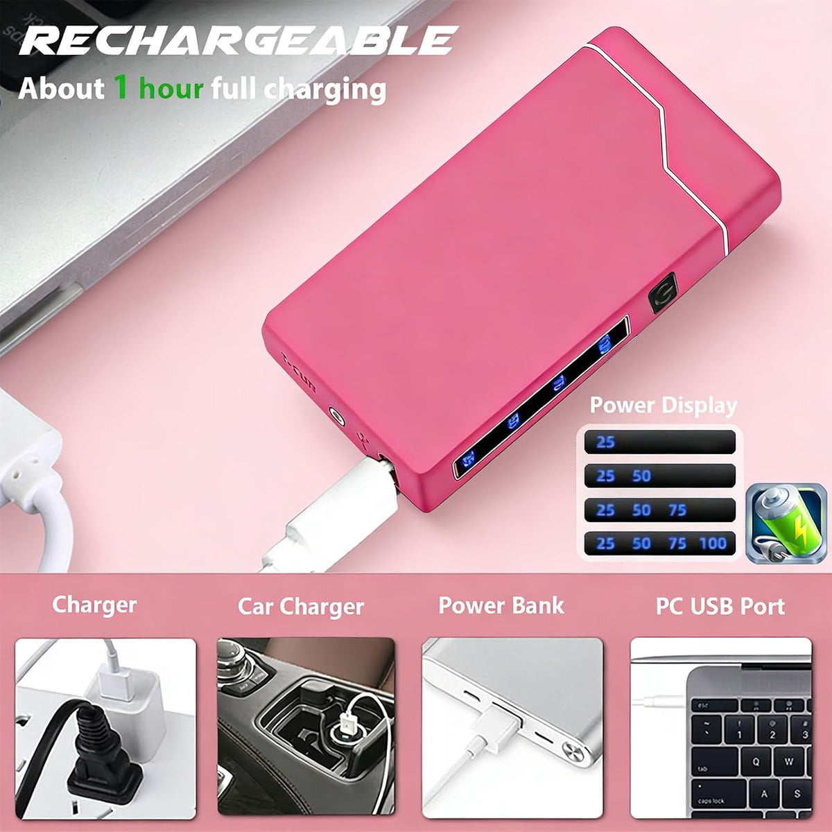 Electric Pink Lighter Dual Arc Plasma Lighter, Windproof Flameless Cool Electronic Lighters, Rechargeable USB with LED Battery Indication, Pocket Metal Lighters for Candles, Camping, Gifts for Unisex