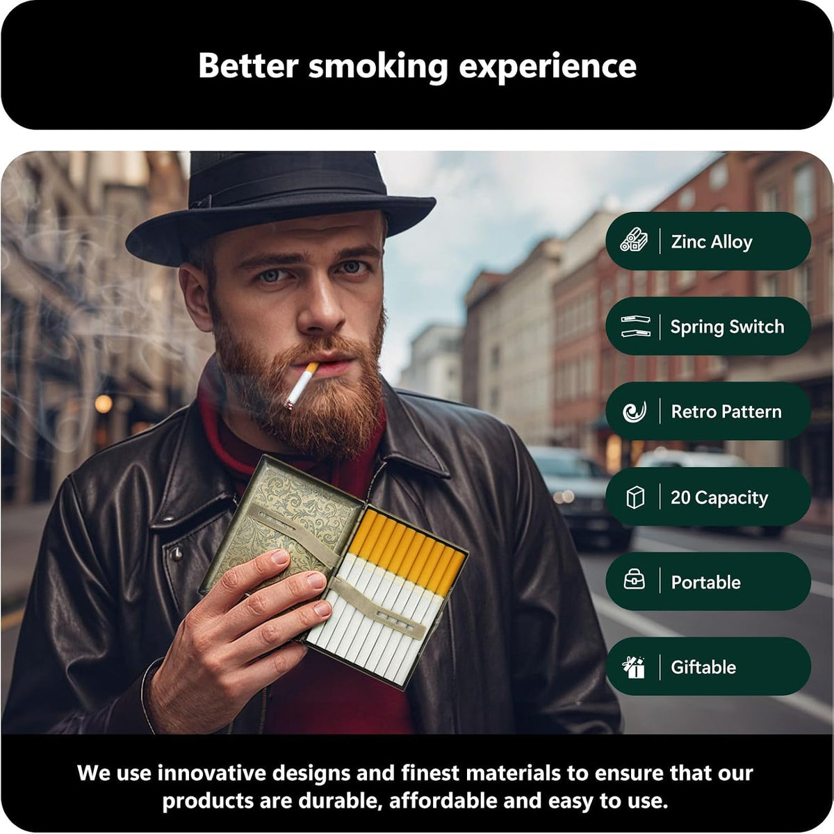roygra Cigarette Case, Retro Zinc Alloy, Cigarette Holder Case for Outdoor