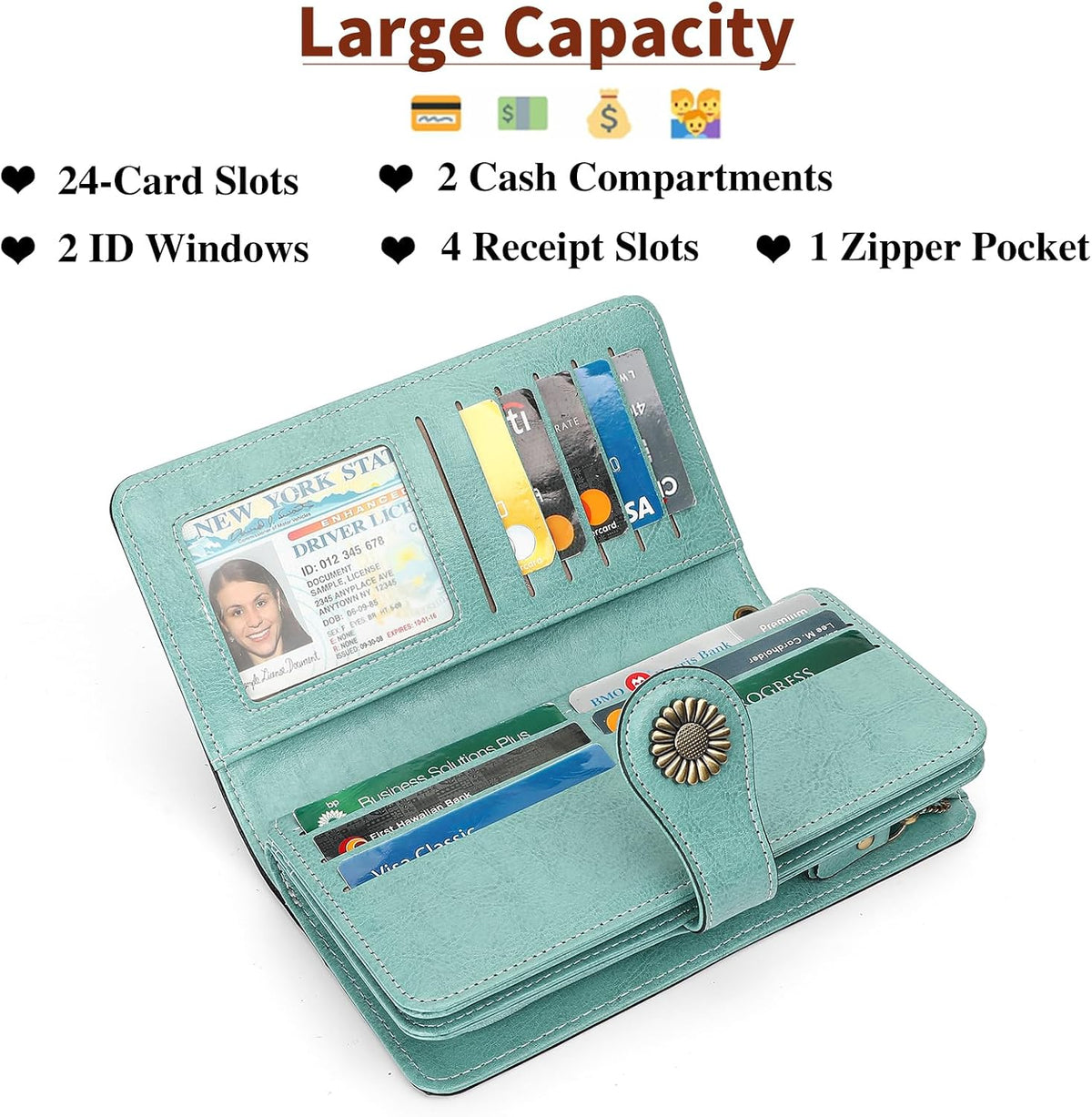 SENDEFN Wallets for Women Leather Credit Card Holder with RFID Blocking Large Capacity Wristlet