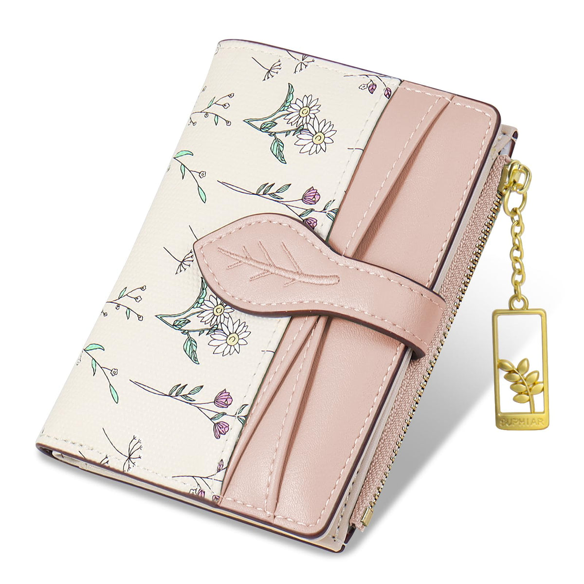 Wallets for Women- RFID Blocking- Soft PU Leather Bifold Coin Zipper Pocket Purse-Small flower wallet Credit Card Holder with ID Window (Green)