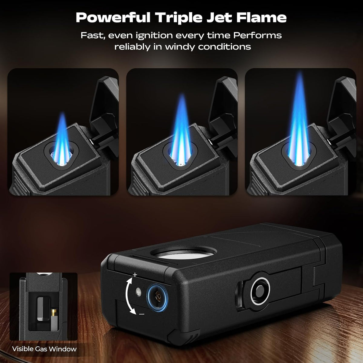 6-in-1 Windproof Triple Jet Flame Butane Torch Lighter with V-Shape Shear,Punch and Hold, Adjustable Refillable Lighter with Draw Enhancer Tool for Candle, BBQ, Camping and Outdoor, Travel Use