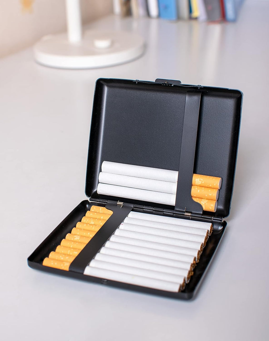 Metal Cigarette Case - Ladies and Men, Portable Double Sided Spring Clip, Holds 18-20 100mm Cigarettes (Black)