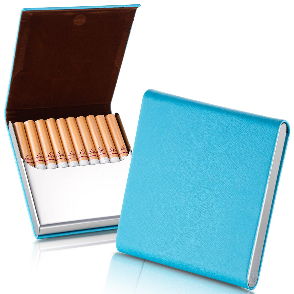 Portable Slim Leather Cigarette Case with Magnetic, Metal Cigarette Carrying Box for Hold 10 Regular Size Cigarettes, Ultra-Thin One-Hand Operate Cigarette Pocket for Men and Women -Navy Blue