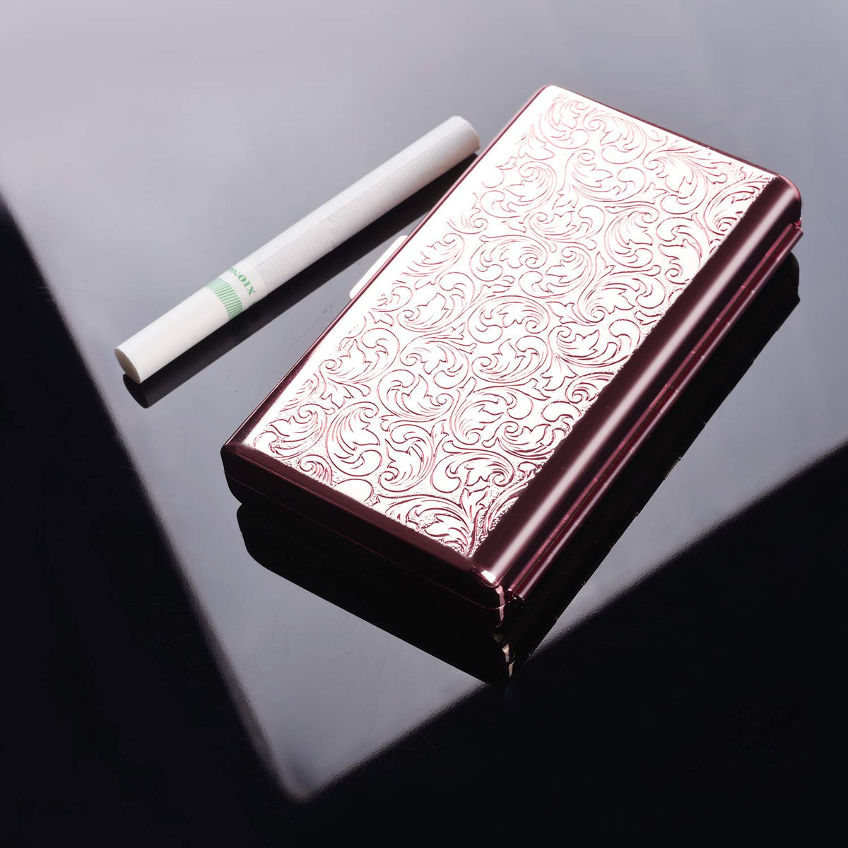 Retro Metal Cigarette Case-Double Sided Spring Clip Open Pocket Holder for 14 100mm Cigarettes Credit Card Holder Protective Security Wallet for Men and Women(Rose Golden)