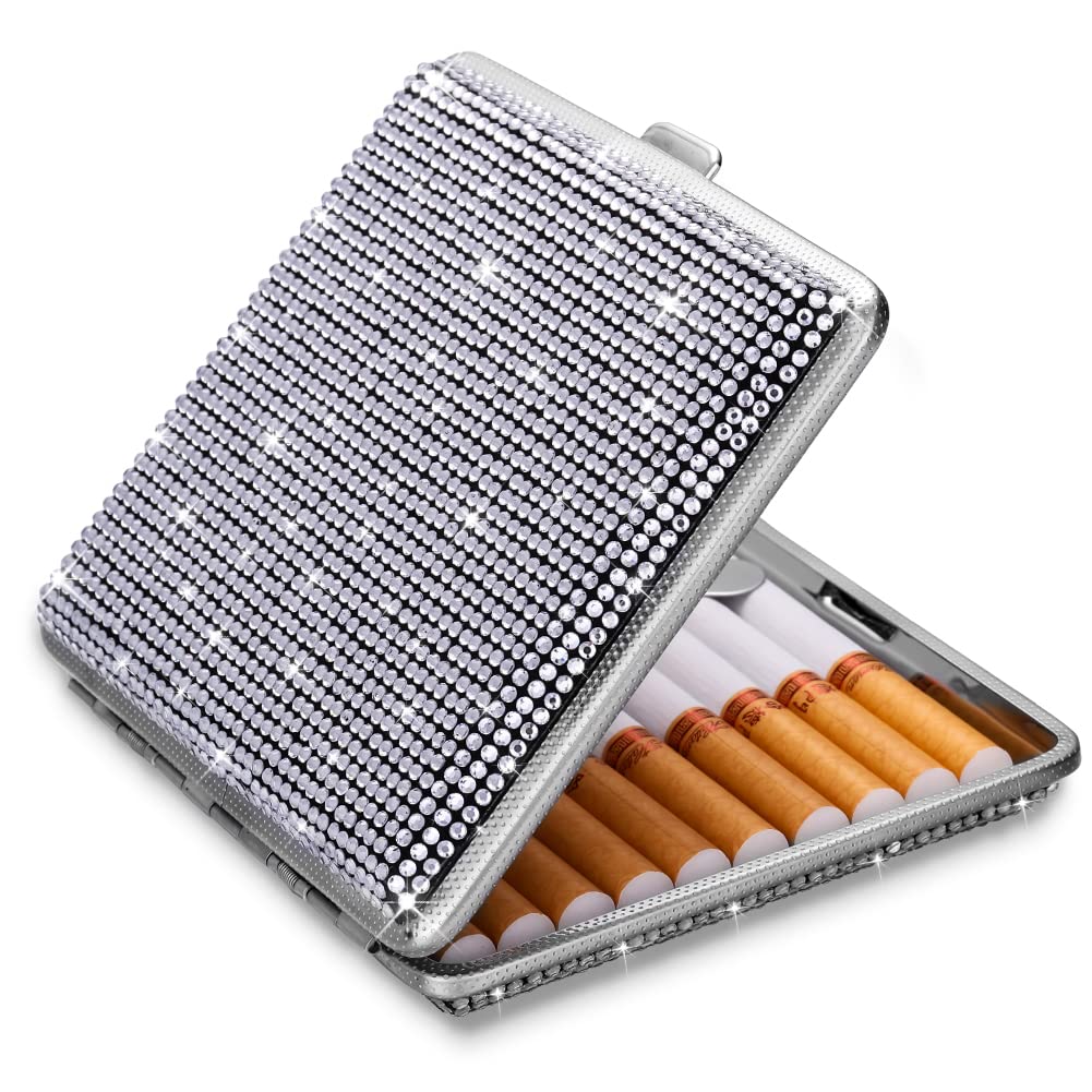 SAVORI Cigarette Case for Women Men, Metal Cigarette Holder Bling Crystal Double Sided Cigarette Box for 20 Cigarettes Gift for Smoker (AB)