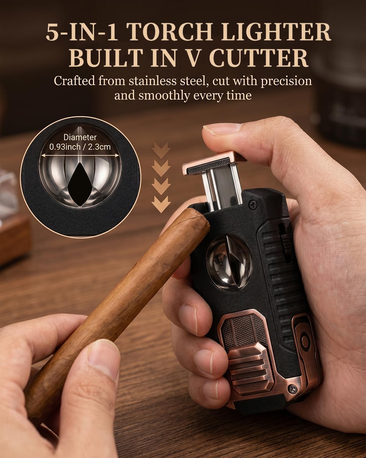 5-in-1 Butane Torch Lighter, with Built-in Punch, V Cutter, Draw Enhancer Needle & Holder, Visible Fuel Window, Windproof Triple Jet Flame Refillable Pocket Lighter for Travel Outdoor, Gifts for Men