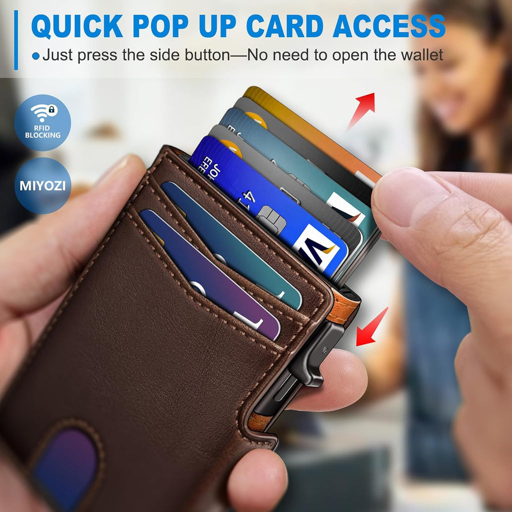 miyozi Wallet for Men, Magnetic Minimalist Slim Wallet with Pop Up Card Holder, 9 Cards RFID Blocking Metal Credit Card Case, Leather Wrapped Money Clip, ID Window & Small Item Slot, Gift Boxed