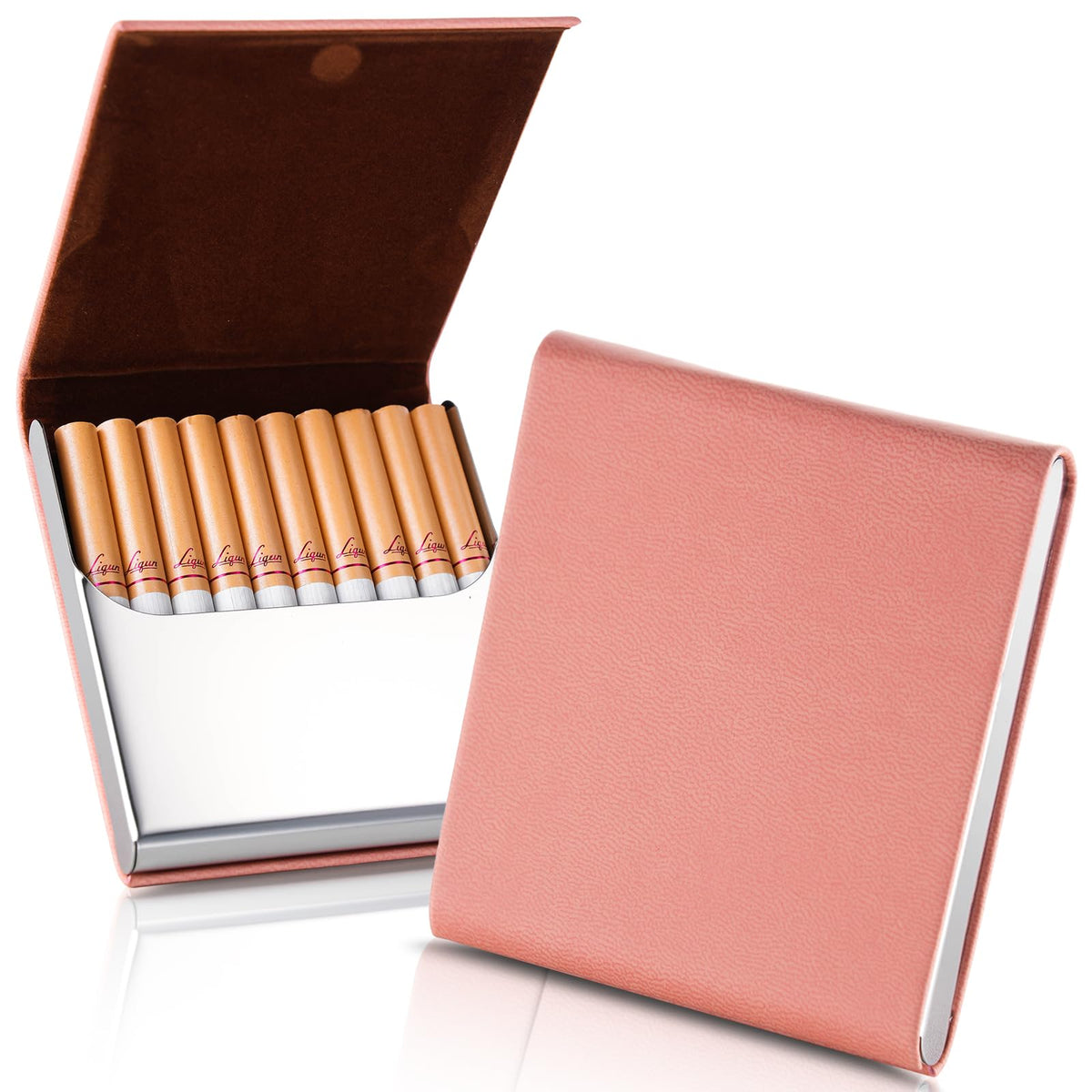 Portable Slim Leather Cigarette Case with Magnetic, Metal Cigarette Carrying Box for Hold 10 Regular Size Cigarettes, Ultra-Thin One-Hand Operate Cigarette Pocket for Men and Women -Navy Blue