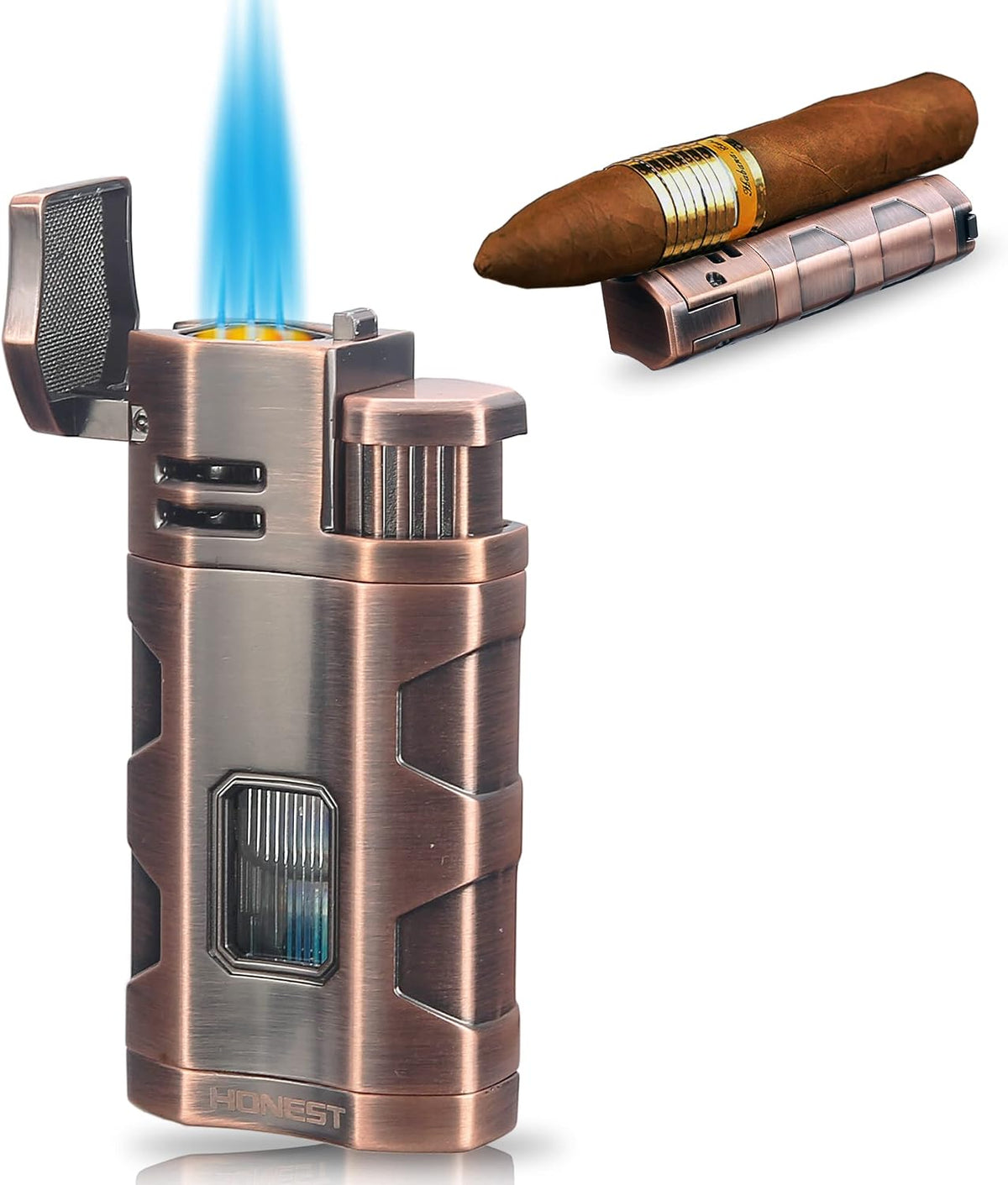 Metal Lighter Triple Jet Flame Refillable Butane Cigar Lighters Windproof Lighter with Cigar Punch Rest Holder - Butane Not Included (Red Copper)