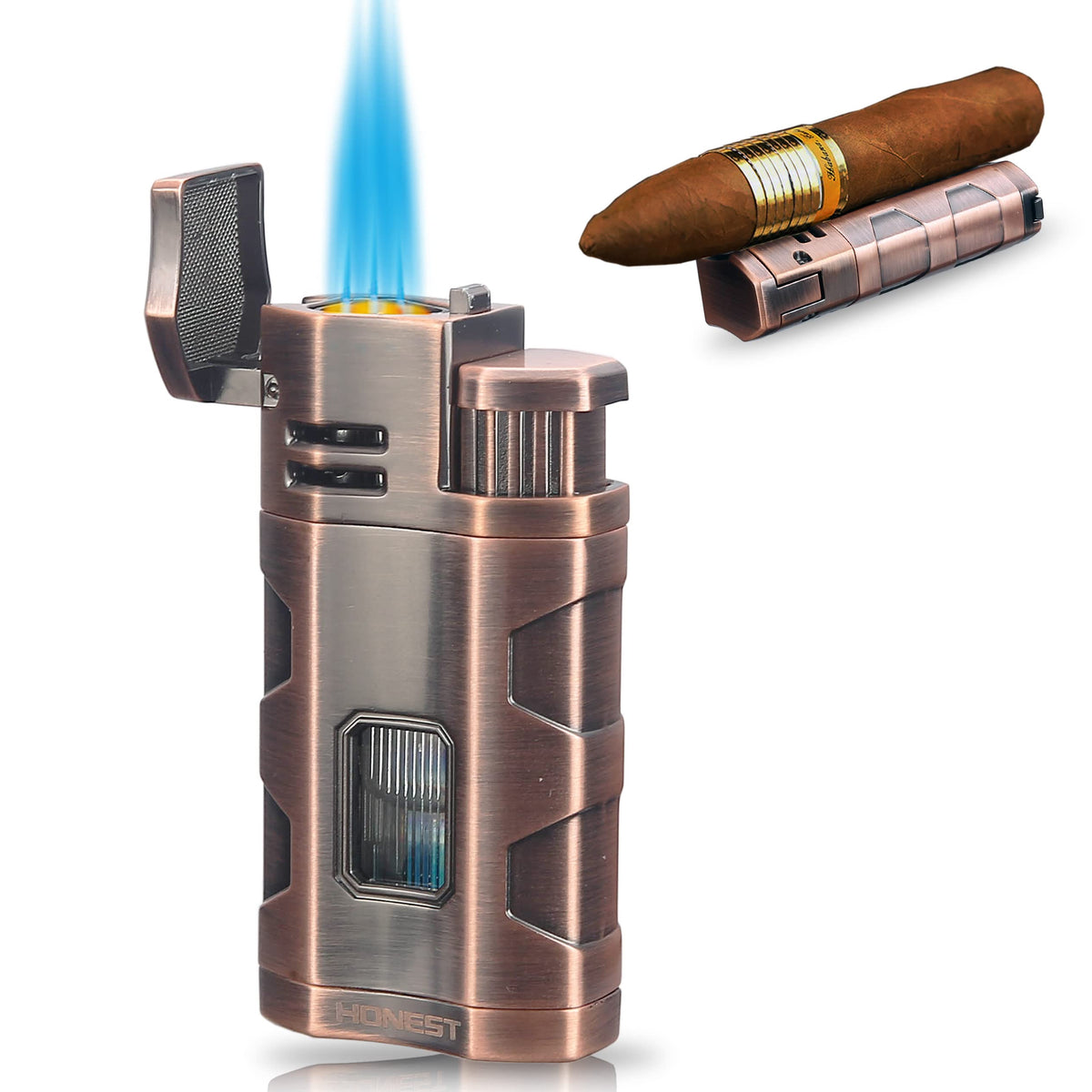 Metal Lighter Triple Jet Flame Refillable Butane Cigar Lighters Windproof Lighter with Cigar Punch Rest Holder - Butane Not Included (Red Copper)