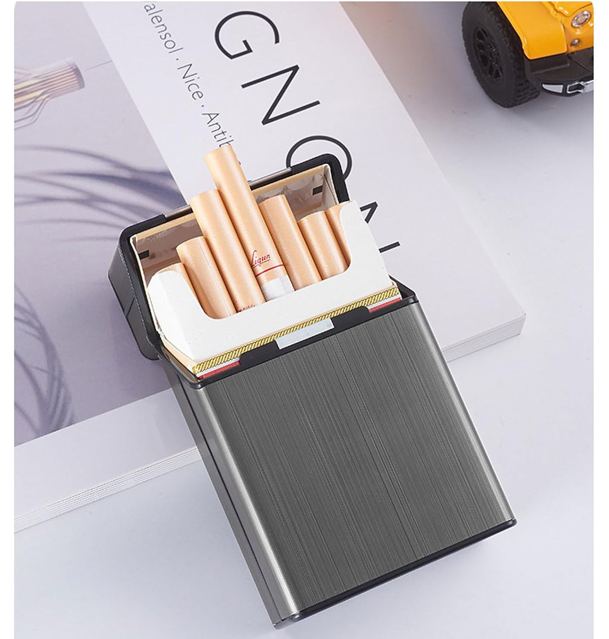 Cigarette Case Brushed Metal Cigarette Case with Magnetic Switch Flip Closure,20 Capacity (85mm, Gray + Blue,2 Pack,)