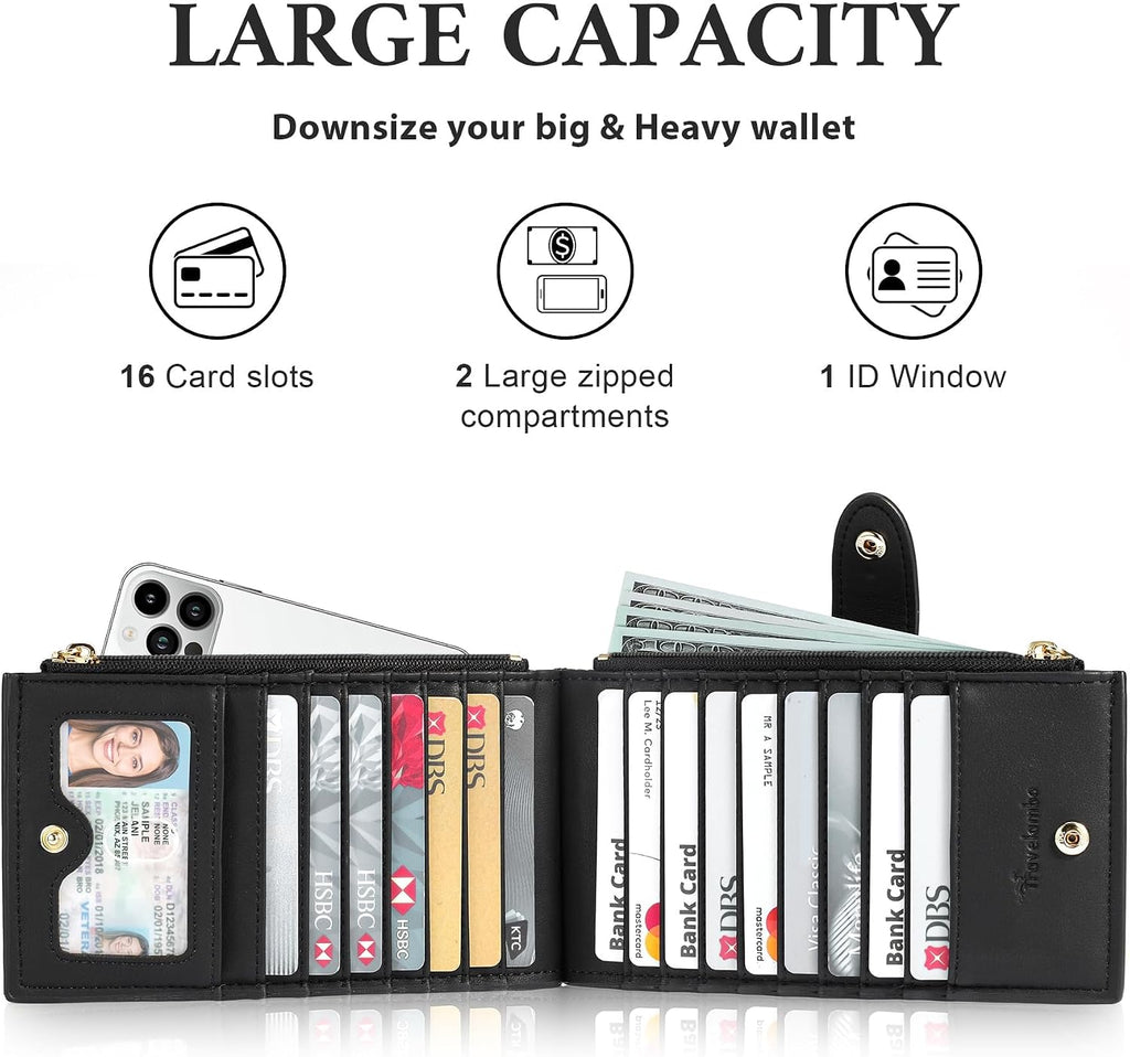 Travelambo Womens Leather Bifold Wallet, Slim RFID Blocking Card Holder