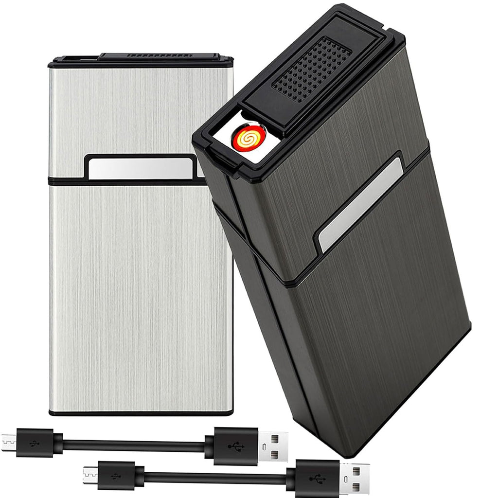 Cigarette Case with Lighter 100's King Size 20pcs Cigarettes 2 Pack Rechargeable Flameless Windproof Electric Lighter Makeup Mirror