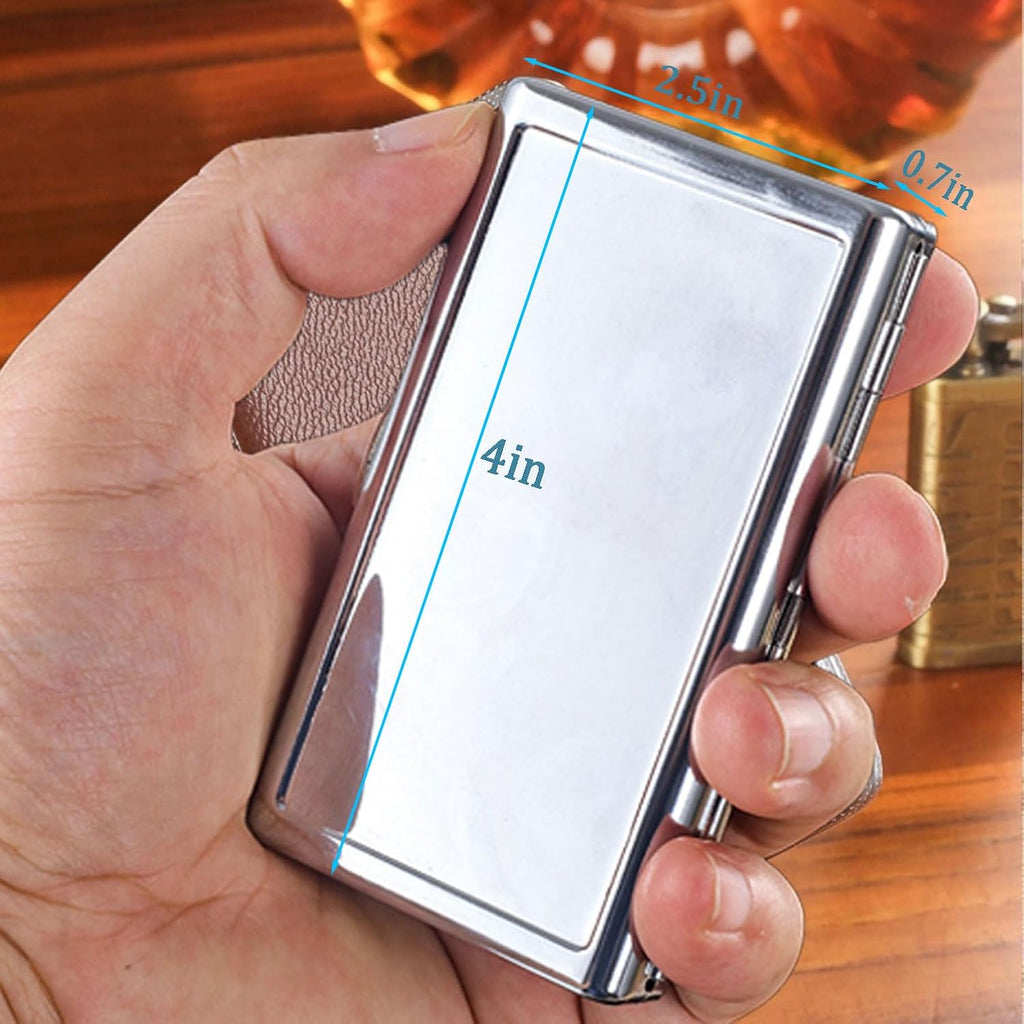 Cigarette Case Metal Holder for Regular King and 100's Size Can Hold 14 Cigarettes Double Sided Spring Clip Box Holds up to 80-100's Flip Open Pocket Bank Card case Cash Box(Silver， 100mm King Size)