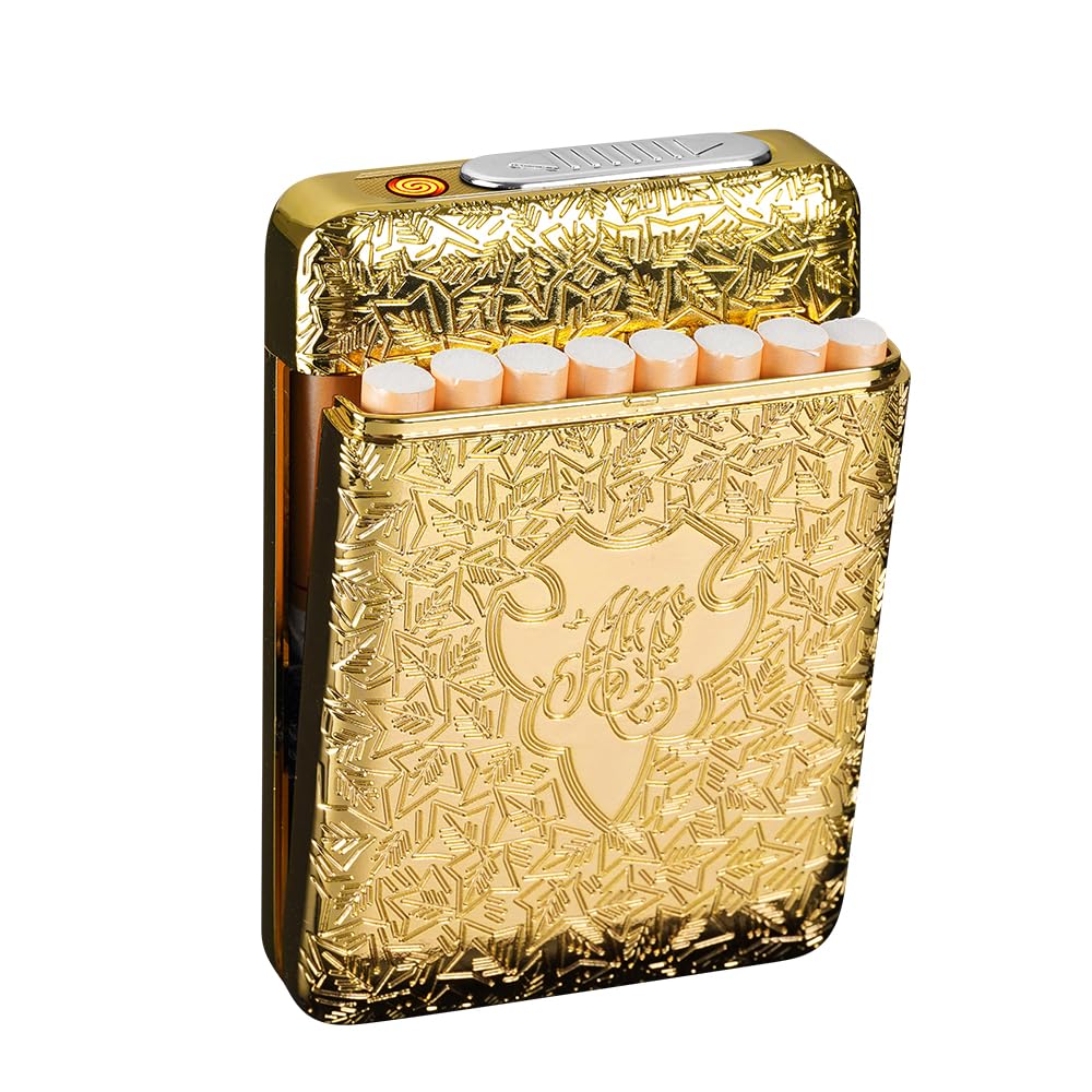Cigarette Case with USB Lighter 16 pcs 84mm Regular/King Size Cigarettes Electric Rechargeable Flameless Windproof Lighters (Black)