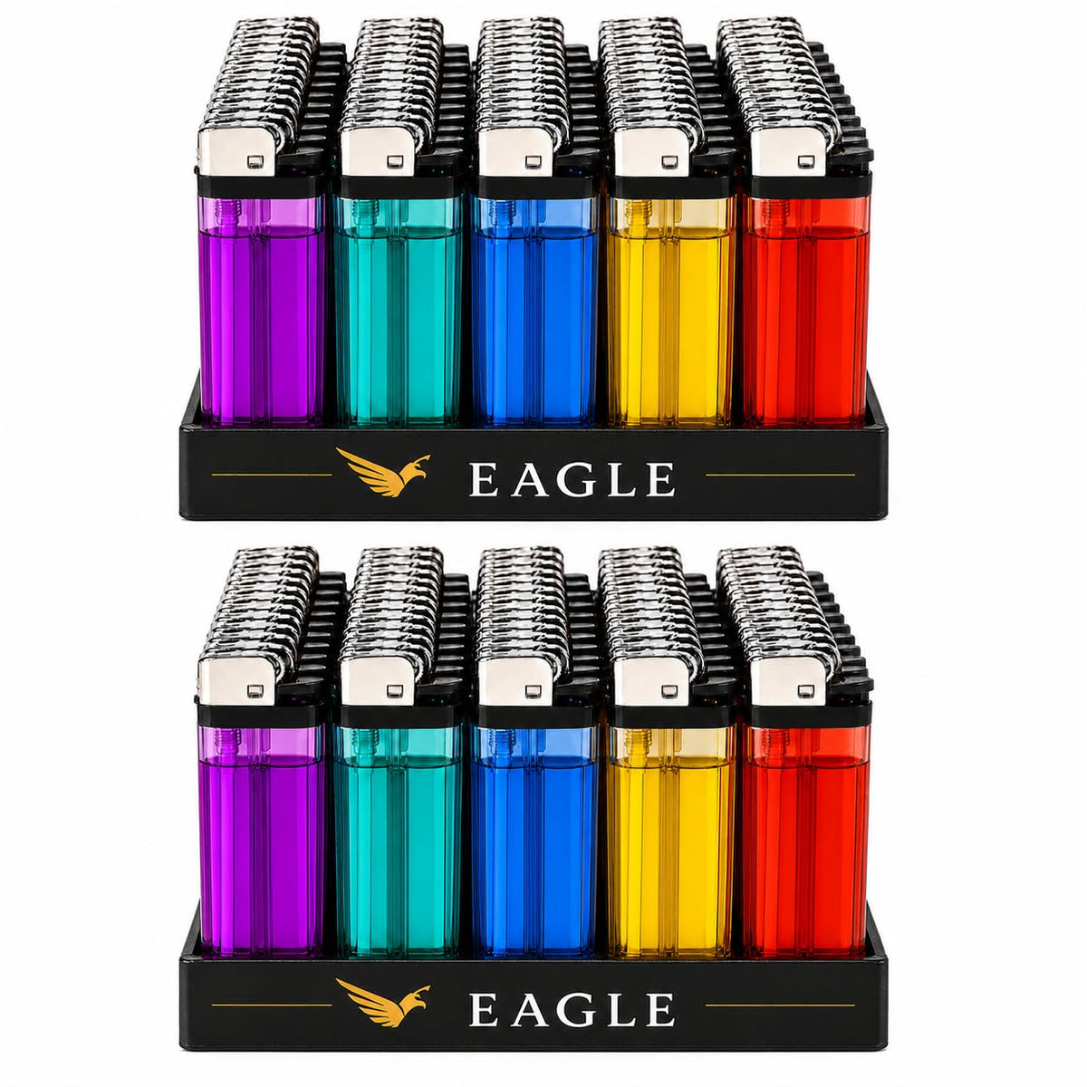 Eagle 50 Count Disposable Lighters, Assorted Color Utility Pack with Display Tray, Transparent Body for Home, BBQ, Camping, Candles & Emergency Kit