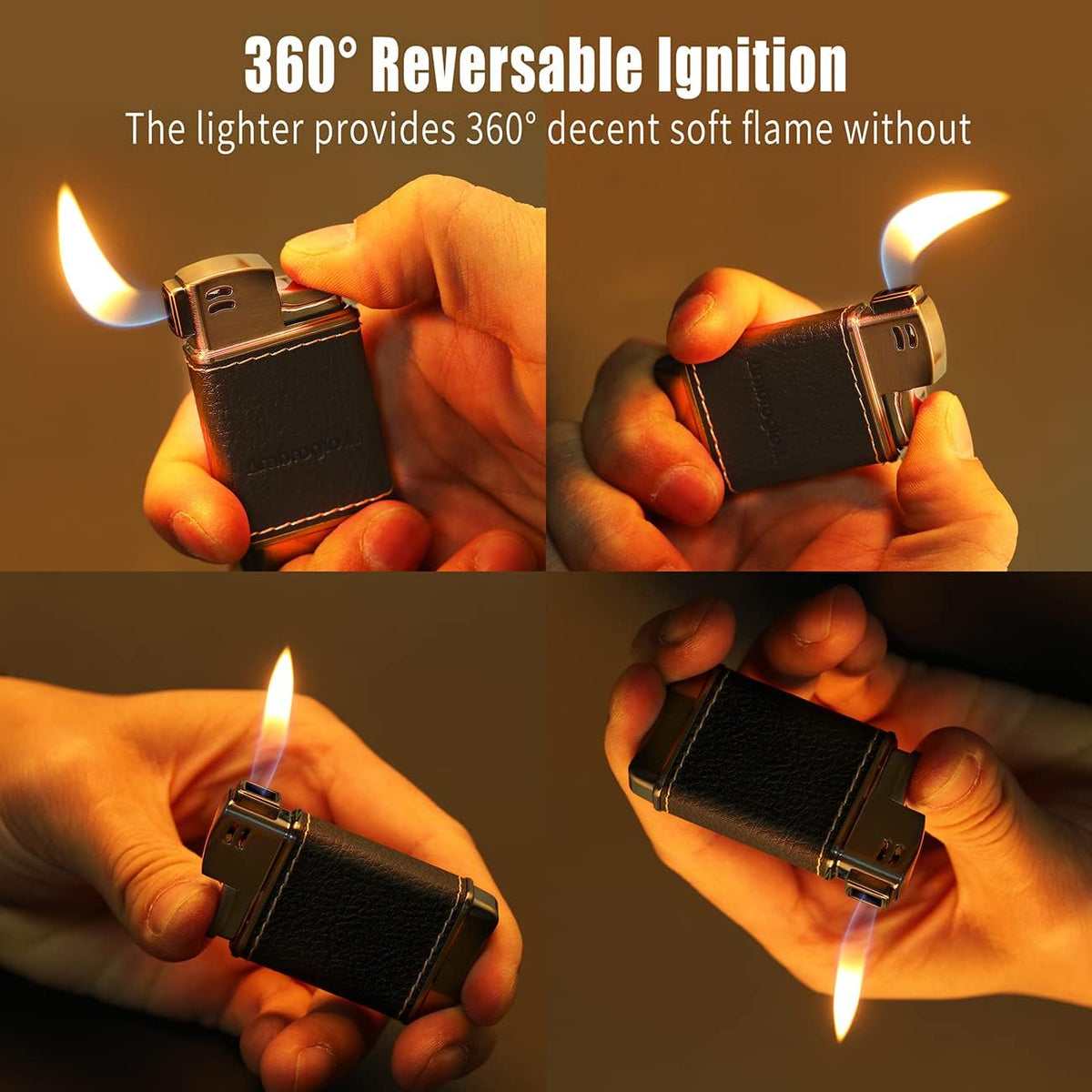 Ambrogio.L Pipe Lighter - Genuine Leather Adjustbale Soft Flame Refillable Butane Gas Lighter - Boxed Bronze Brushed