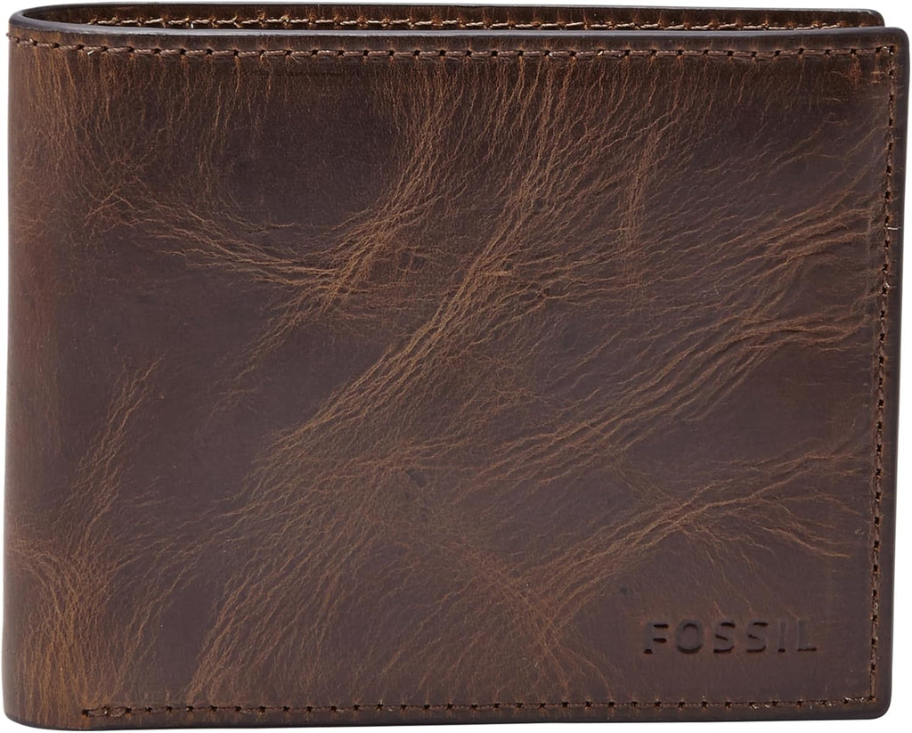Fossil Men's Wallet, Derrick Leather RFID-Blocking Wallet, Bifold with Flip ID, Dark Brown
