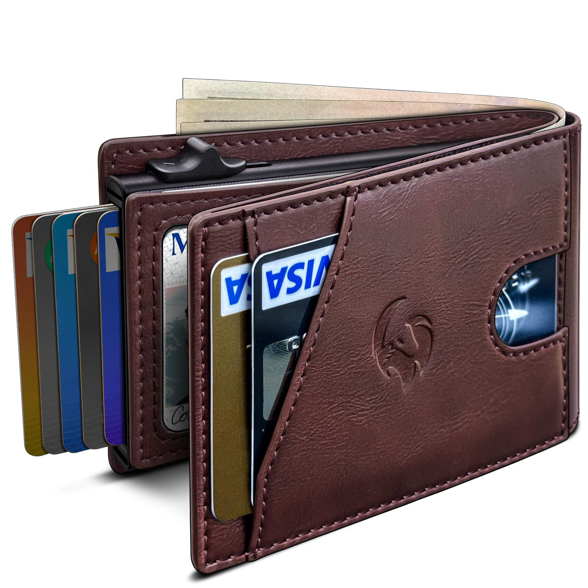 Wallet for Men, Slim Pop Up Card Holder with RFID Blocking, Minimalist Bifold Wallet with 9 Card Slots, ID Window and Cash Pocket, Metal Flip Case with Magnetic Closure, Gift Box