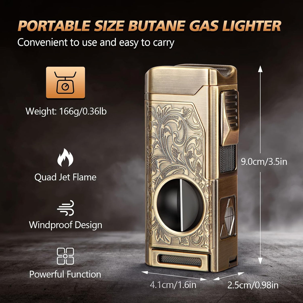 Cigar Lighter, 4 Jet Flame Torch Lighter, Refillable Butane Lighter with Cigar Cutter V Cut Cigar Punch Cigar Holder Cigar Draw Enhancer, Great Cigar Accessories Cool Lighters for Smoking in Gift Box