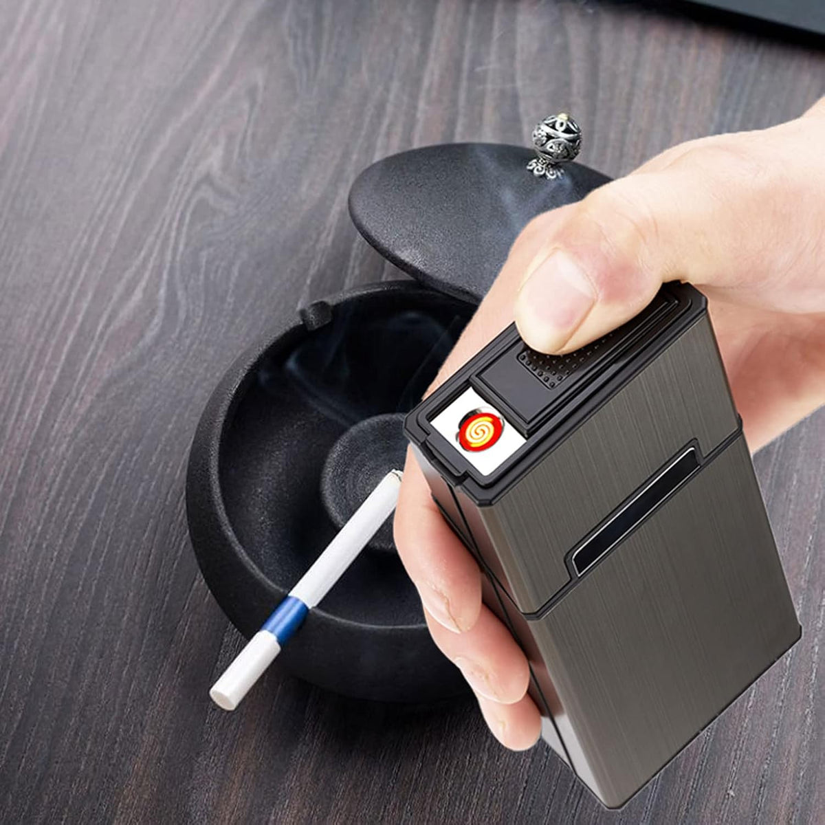 Cigarette Case with Lighter 100's King Size 20pcs Cigarettes 2 Pack Rechargeable Flameless Windproof Electric Lighter Makeup Mirror
