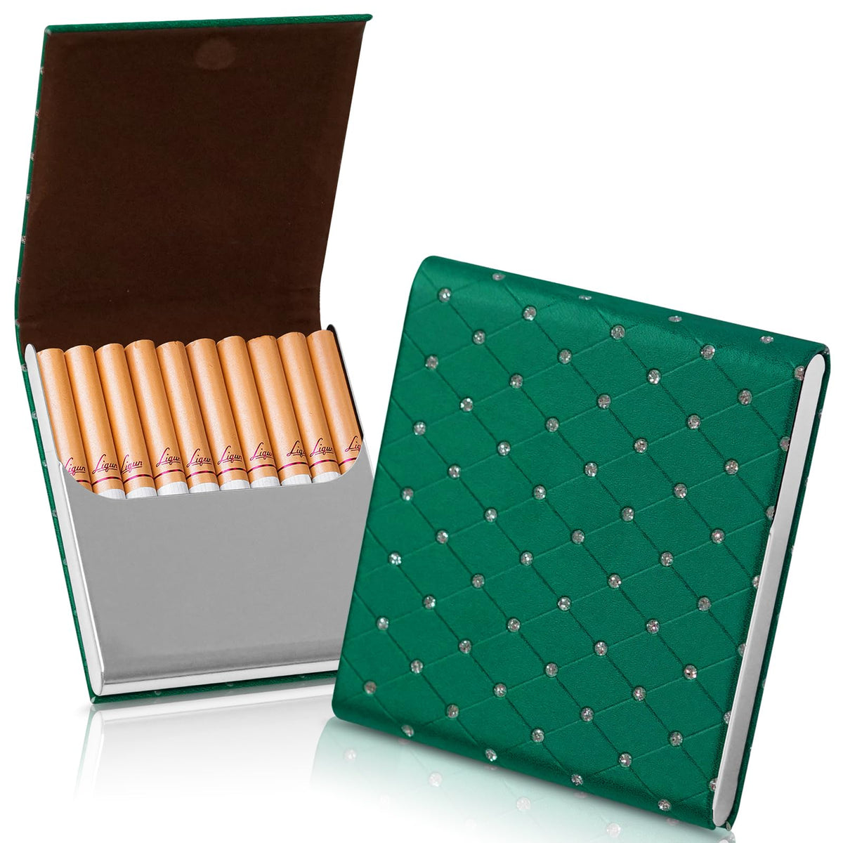 Portable Slim Leather Cigarette Case with Magnetic, Metal Cigarette Carrying Box for Hold 10 Regular Size Cigarettes, Ultra-Thin One-Hand Operate Cigarette Pocket for Men and Women -Navy Blue