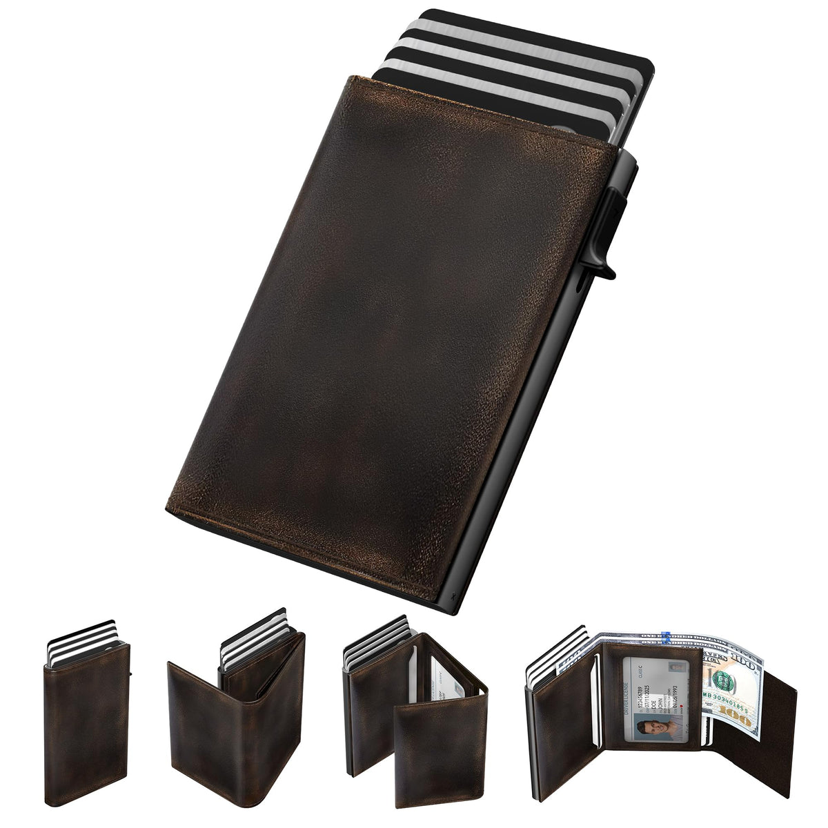 typecase Mens Wallet Card Holder: Pop Up Aluminum Case, Genuine Leather, Smart, RFID Blocking, Slim, Minimalist, Front Pocket - 9-14 Card Capacity | ID Window | Cash Slot (Carbon Fiber)