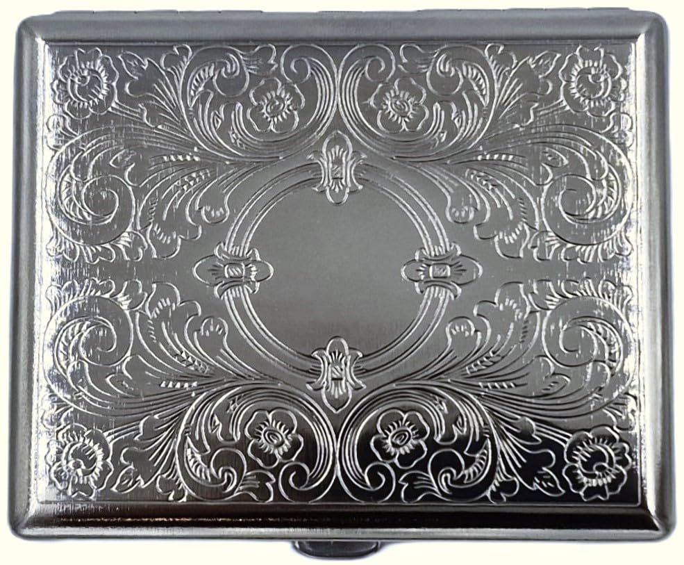 Retro Cigarette Case Victorian Style Metal Holder for Regular, King and 100's Size Credit Card Holder Pocket, Large with Flower Pattern RFID Protective Security Wallet (EL100-Black)