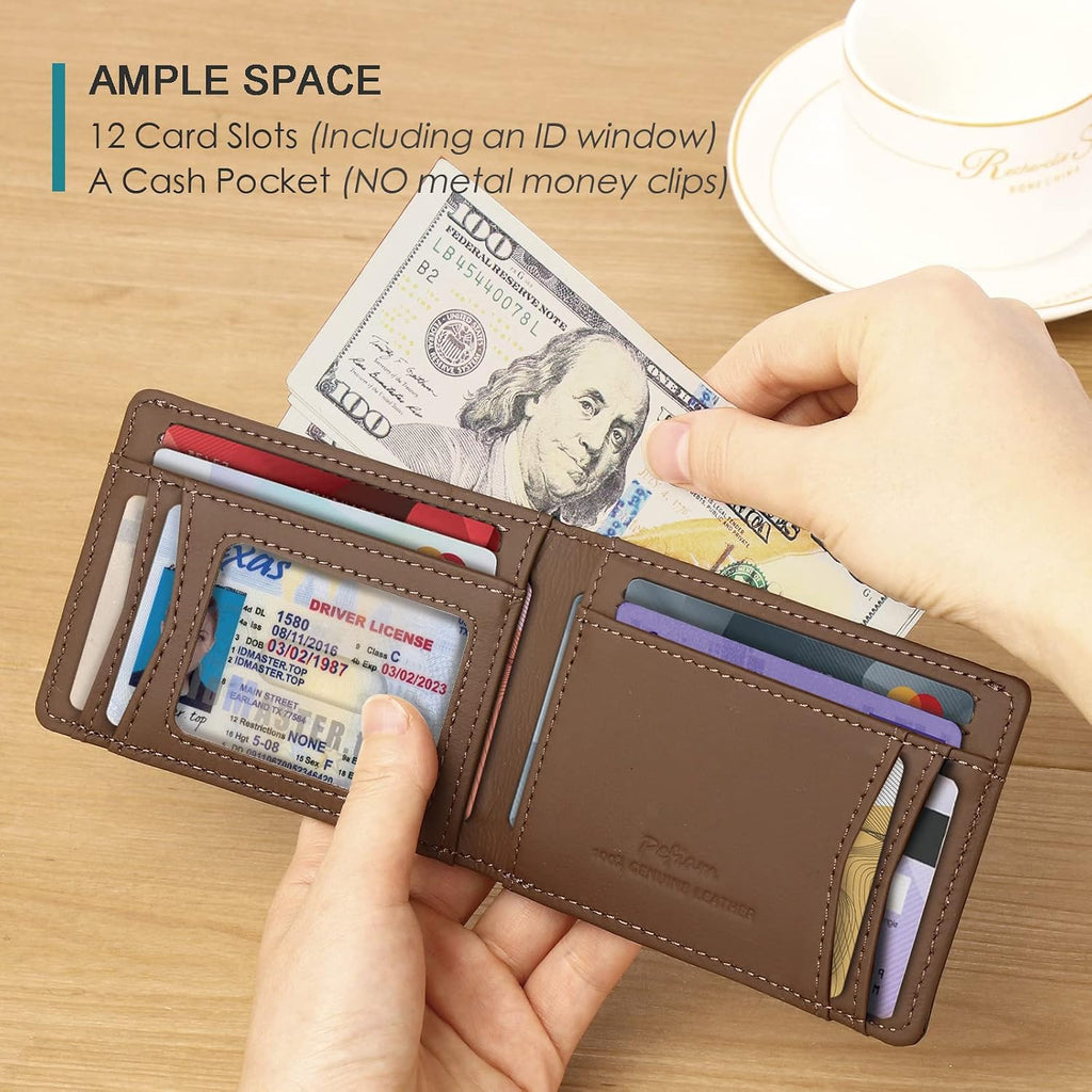 Pefiam Full Grain Leather Wallets for Men, Bifold Wallets for Men, Mens Leather Wallets with 12 Slots, RFID Blocking, Gifts for Men (USA Flag, Red)