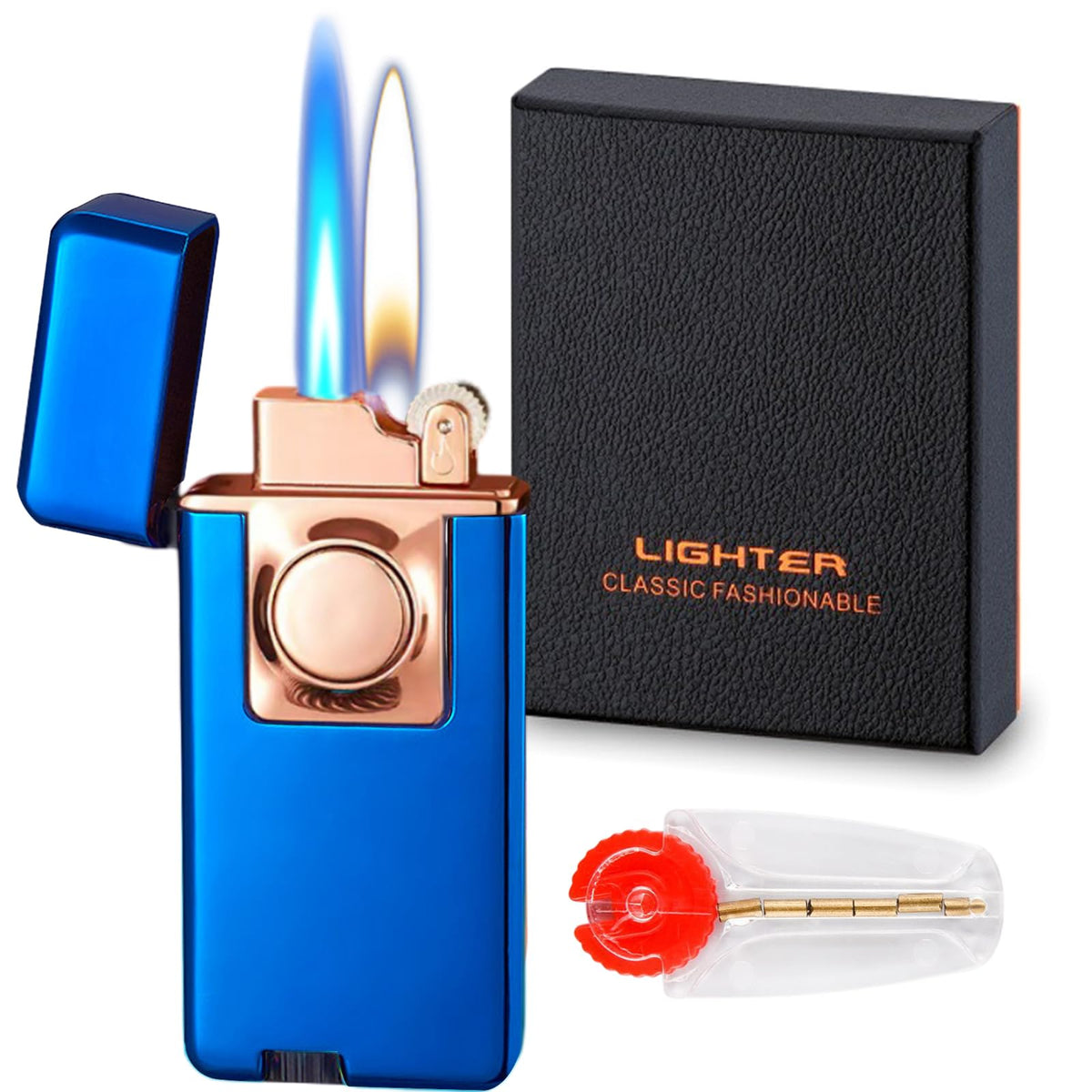 Torch Lighter, Dual Flame Lighter with 6pcs Flint Stone, Windproof Lighter With Visible Gas Window, Cool Adjustable Soft Flame and Jet Flame 2 in1,Refillable Butane Lighter for Outdoor Indoor-Gradient