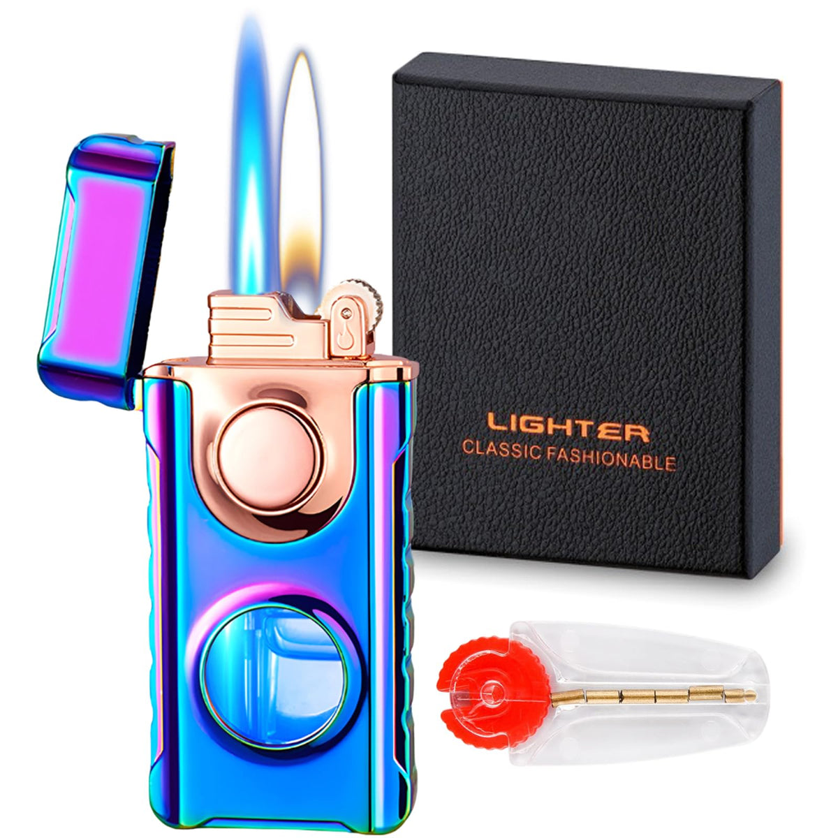 Torch Lighter, Dual Flame Lighter with 6pcs Flint Stone, Windproof Lighter With Visible Gas Window, Cool Adjustable Soft Flame and Jet Flame 2 in1,Refillable Butane Lighter for Outdoor Indoor-Gradient