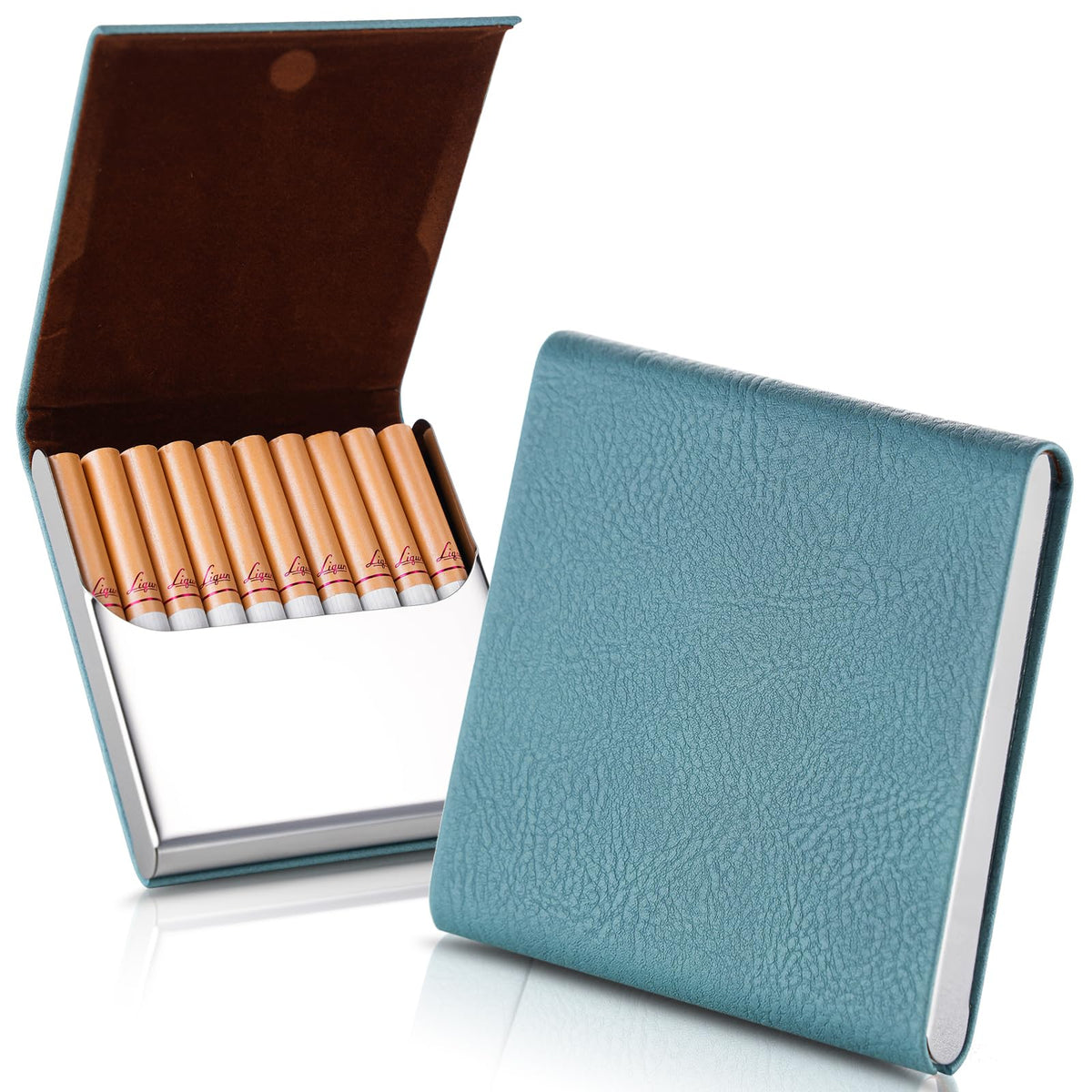 Portable Slim Leather Cigarette Case with Magnetic, Metal Cigarette Carrying Box for Hold 10 Regular Size Cigarettes, Ultra-Thin One-Hand Operate Cigarette Pocket for Men and Women -Navy Blue