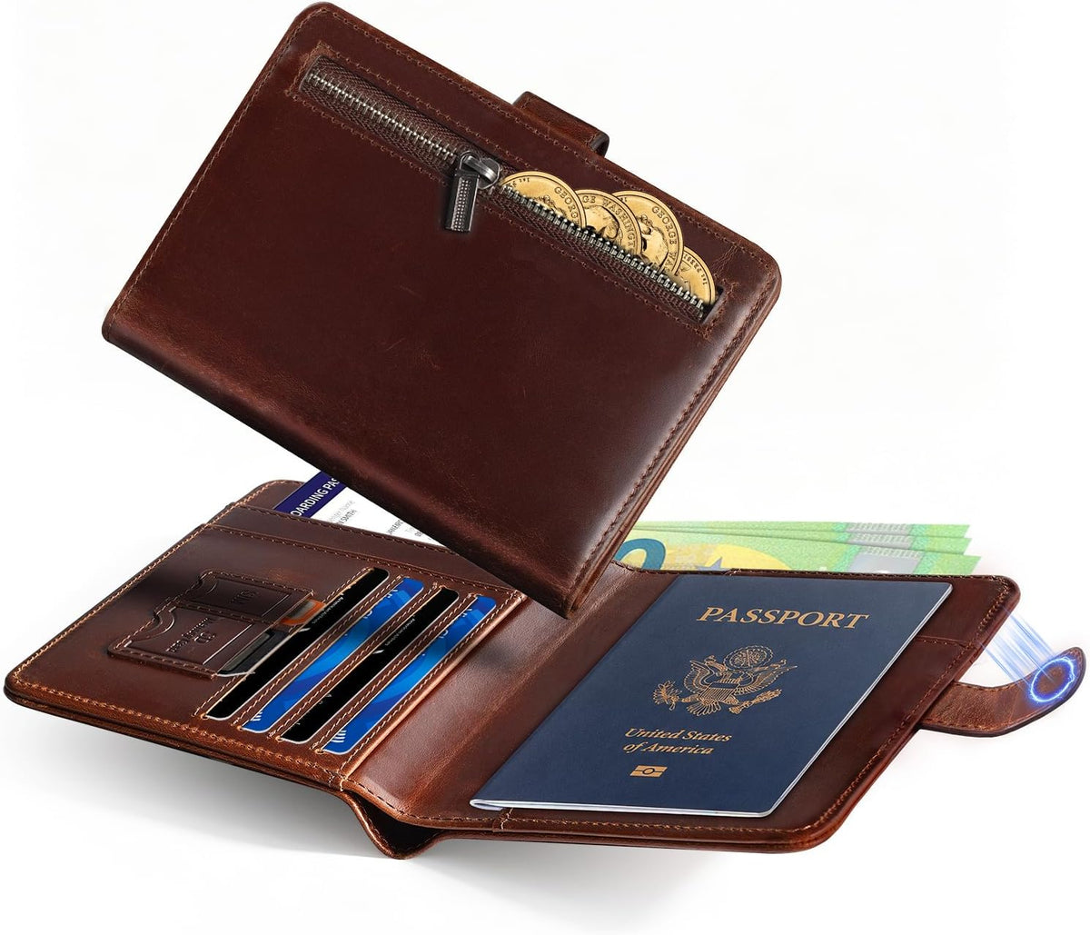 LORZOR Passport Holder for Travel: RFID Blocking Full Grain Leather Passport Wallet for Men - Slim Minimalist Bi-fold Passport Cover for Air Ticket Credit Card Bills Coin, Gift Boxed (Brown)
