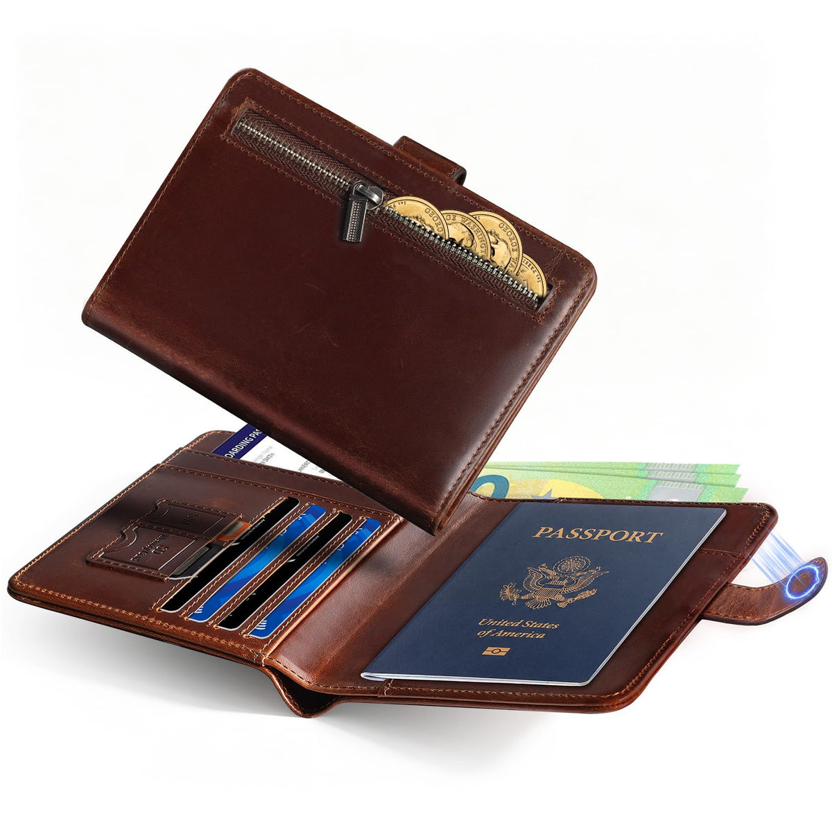 LORZOR Passport Holder for Travel: RFID Blocking Full Grain Leather Passport Wallet for Men - Slim Minimalist Bi-fold Passport Cover for Air Ticket Credit Card Bills Coin, Gift Boxed (Brown)