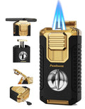 All-in-one Torch Lighter with V-Shape Shear, Punch, Needle, Holder and Triple Jet Flames, Butane Windproof Lighter for Candles, Outdoor, Versatile Accessories with Gift Box for Men (Without Butane)