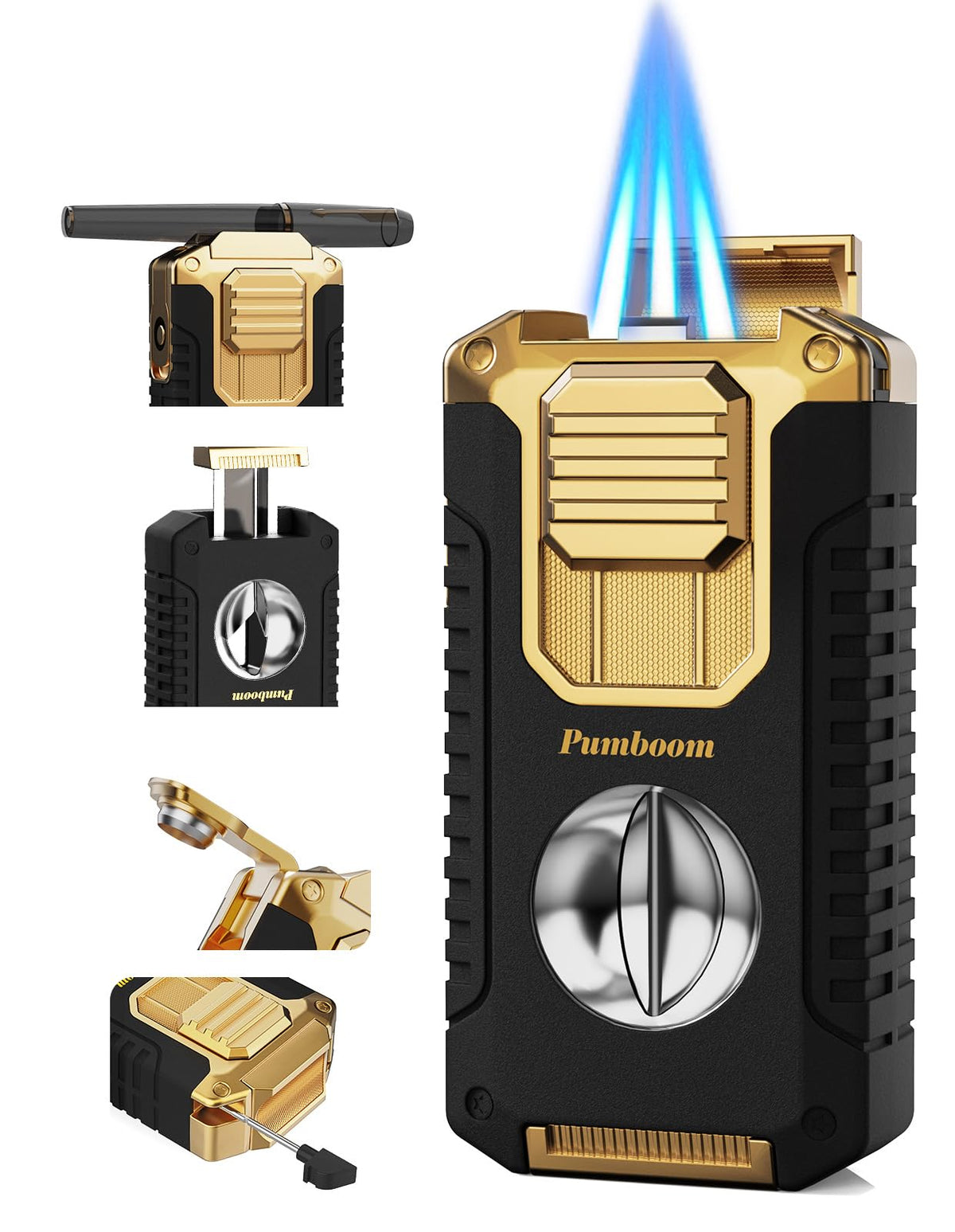 All-in-one Torch Lighter with V-Shape Shear, Punch, Needle, Holder and Triple Jet Flames, Butane Windproof Lighter for Candles, Outdoor, Versatile Accessories with Gift Box for Men (Without Butane)