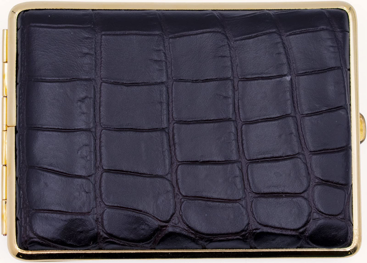 Made in Germany Genuine Leather Gold Plated Cigarette Case (18 100s) with Elastic Bands (Deer Black)