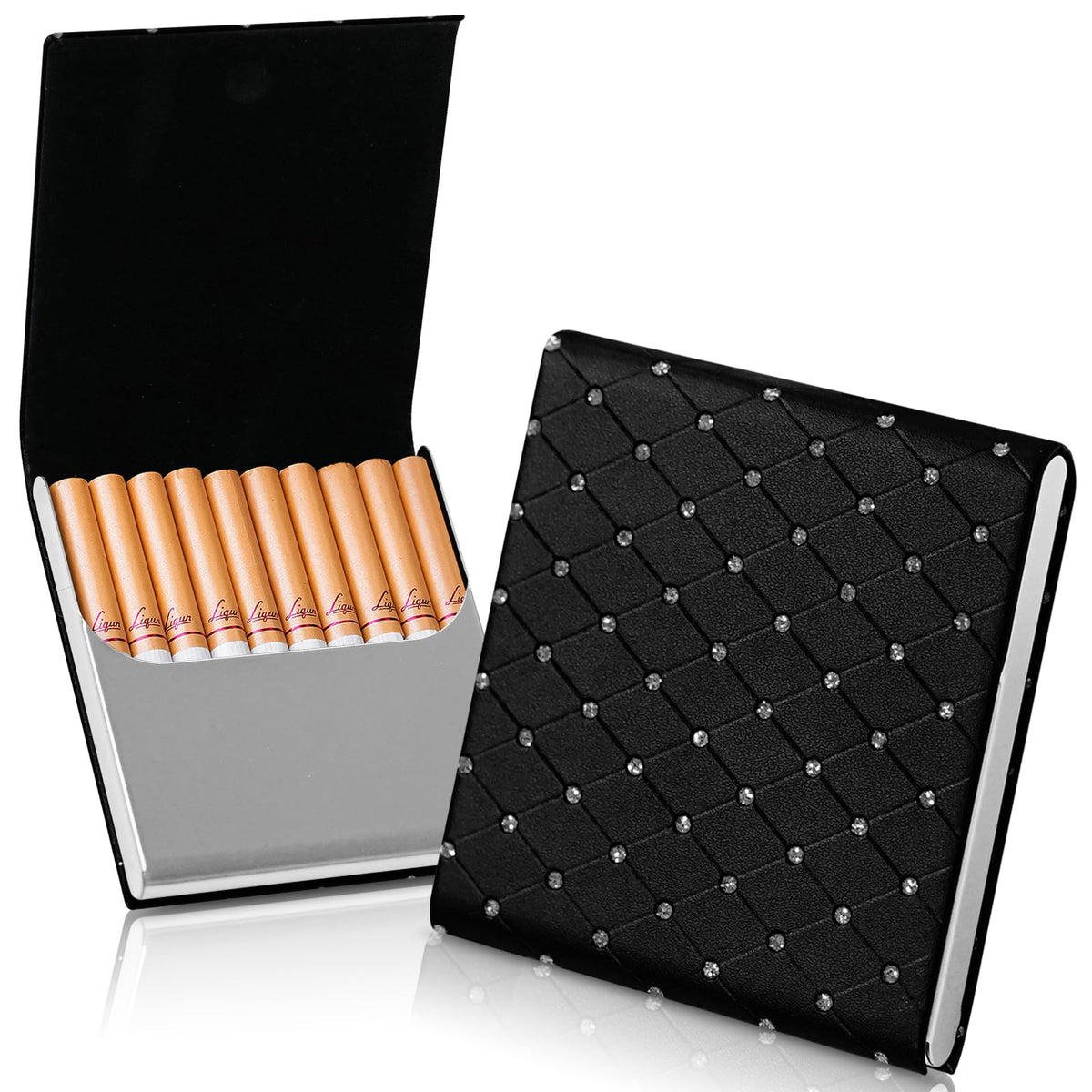 Portable Slim Leather Cigarette Case with Magnetic, Metal Cigarette Carrying Box for Hold 10 Regular Size Cigarettes, Ultra-Thin One-Hand Operate Cigarette Pocket for Men and Women -Navy Blue