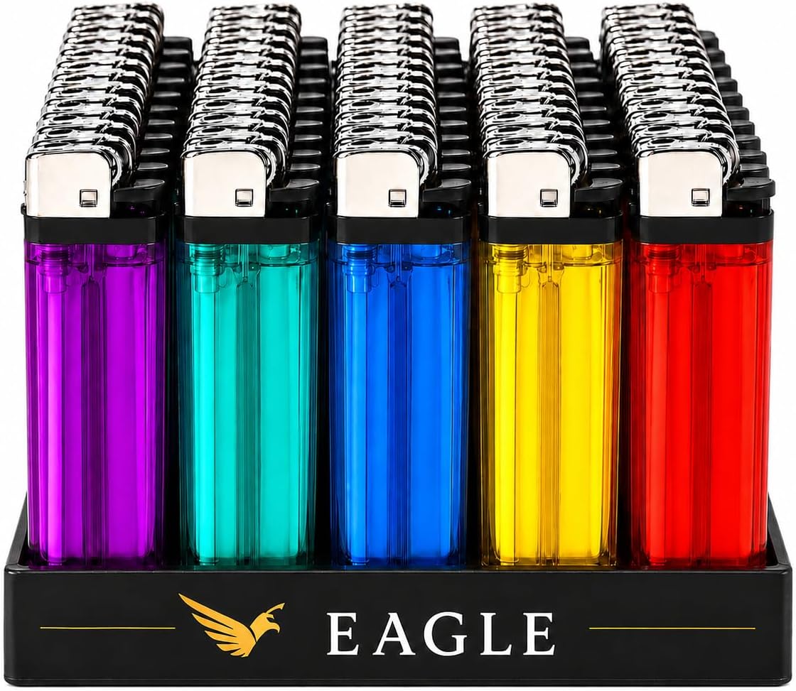 Eagle 50 Count Disposable Lighters, Assorted Color Utility Pack with Display Tray, Transparent Body for Home, BBQ, Camping, Candles & Emergency Kit
